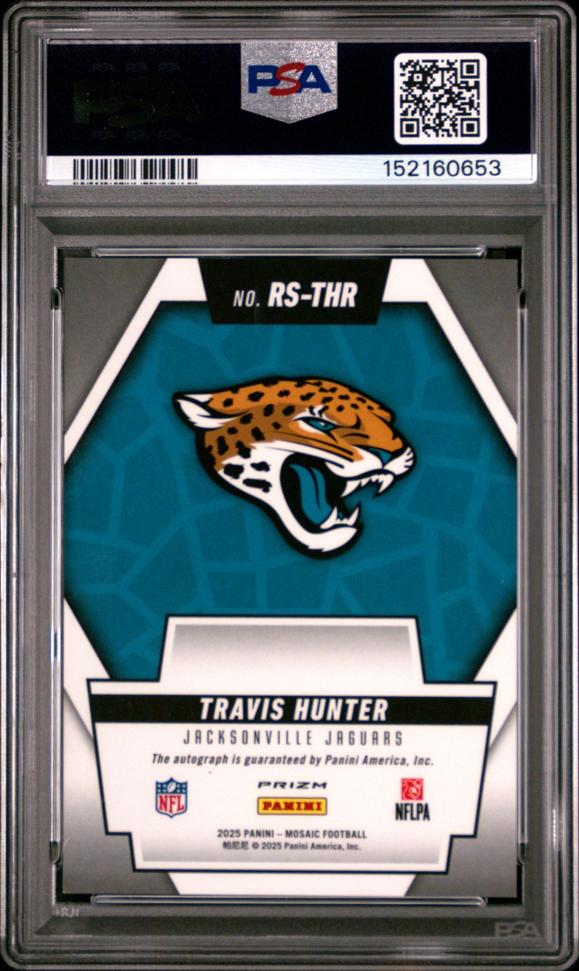 2025 Panini Mosaic Rookie Scripts Travis Hunter #Rs-Thr (Rk Scripts-Blue No Huddle) Gem Mt 10 back view - PSA certificate #152160653