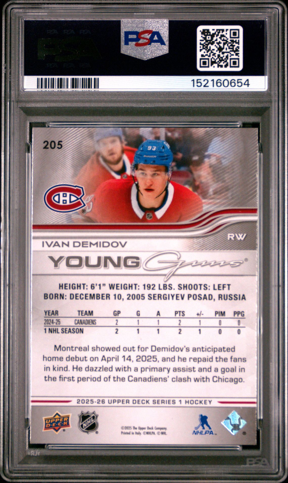 2025 Upper Deck Ivan Demidov #205 Gem Mt 10 back