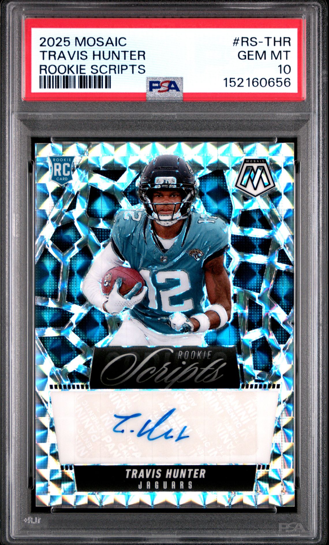2025 Panini Mosaic Rookie Scripts Travis Hunter #Rs-Thr Gem Mt 10 front view - PSA graded GEM MT 10