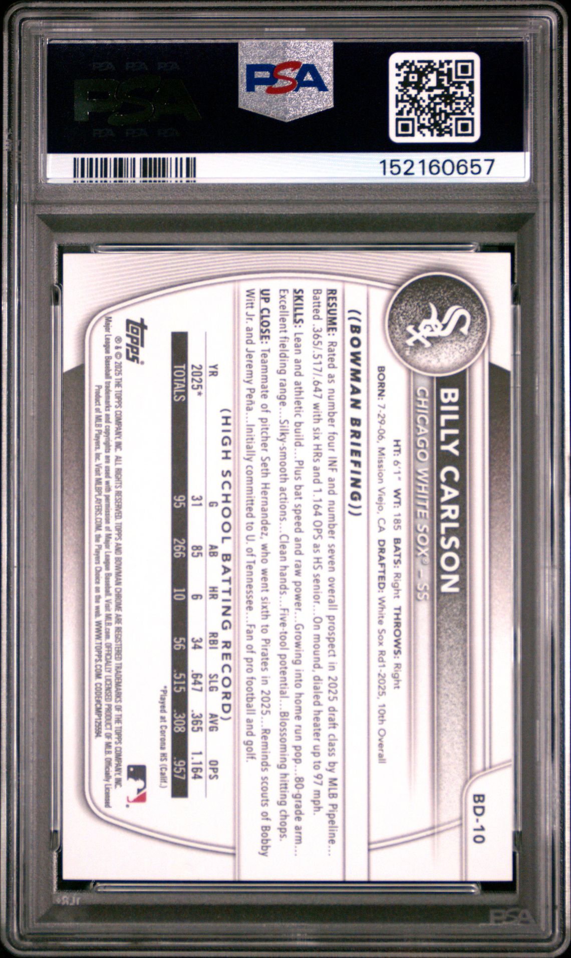 2025 Bowman Draft Billy Carlson #Bd-10 (Green Border) Gem Mt 10 back view - PSA certificate #152160657
