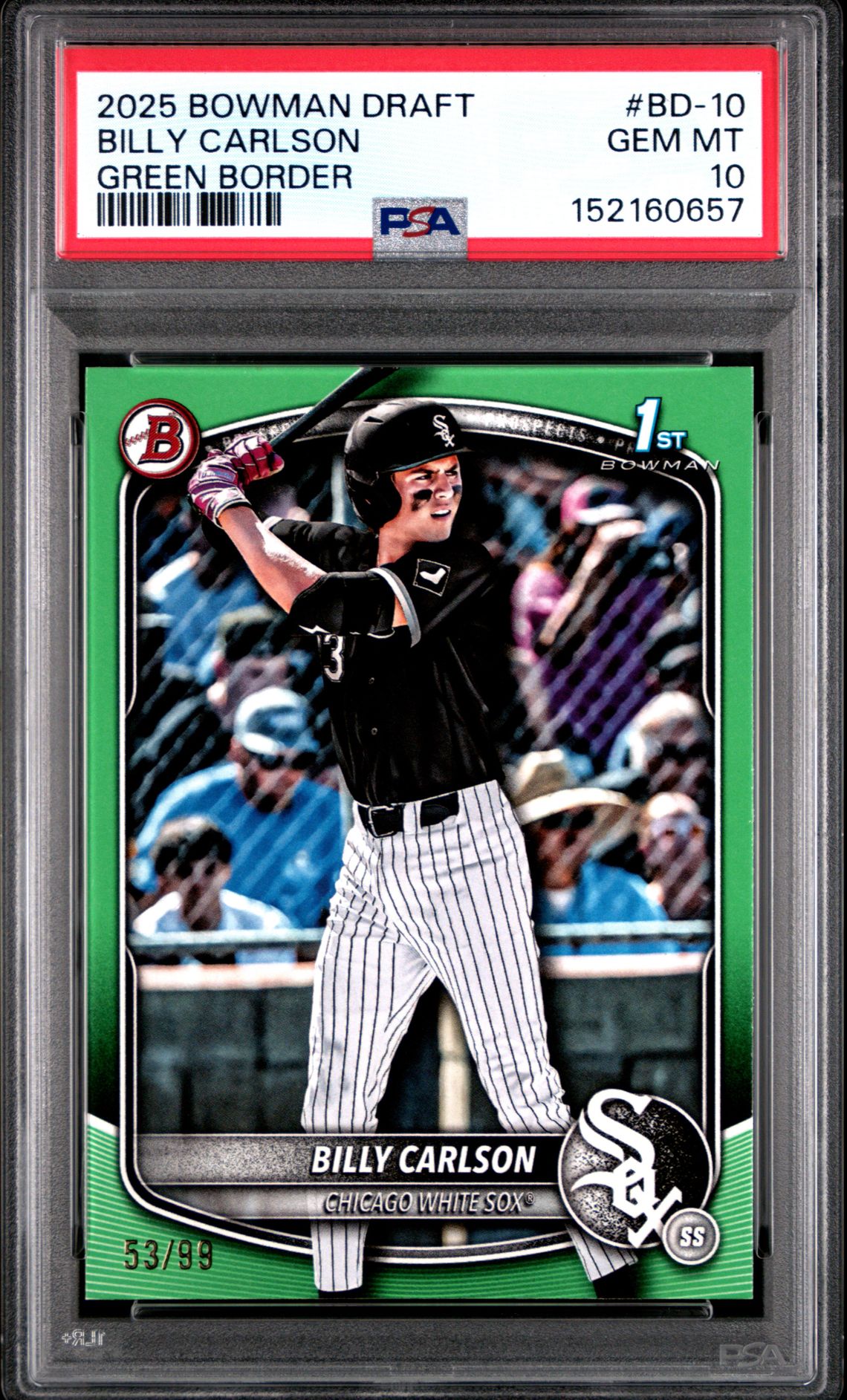 2025 Bowman Draft Billy Carlson #Bd-10 (Green Border) Gem Mt 10 front view - PSA graded GEM MT 10