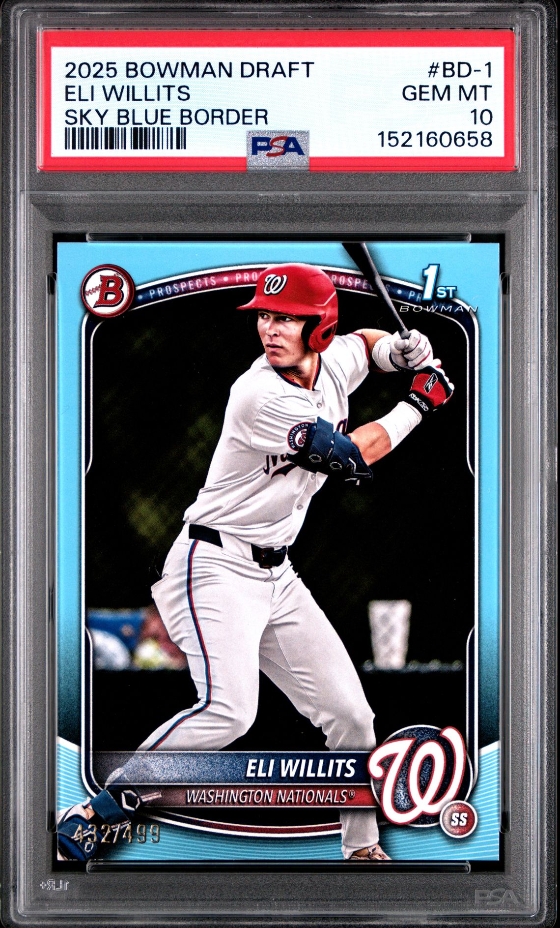 2025 Bowman Draft Eli Willits #Bd-1 (Sky Blue Border) Gem Mt 10 front view - PSA graded GEM MT 10