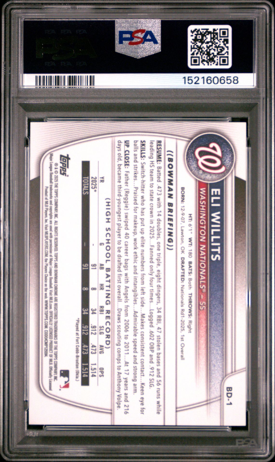 2025 Bowman Draft Eli Willits #Bd-1 (Sky Blue Border) Gem Mt 10 back view - PSA certificate #152160658