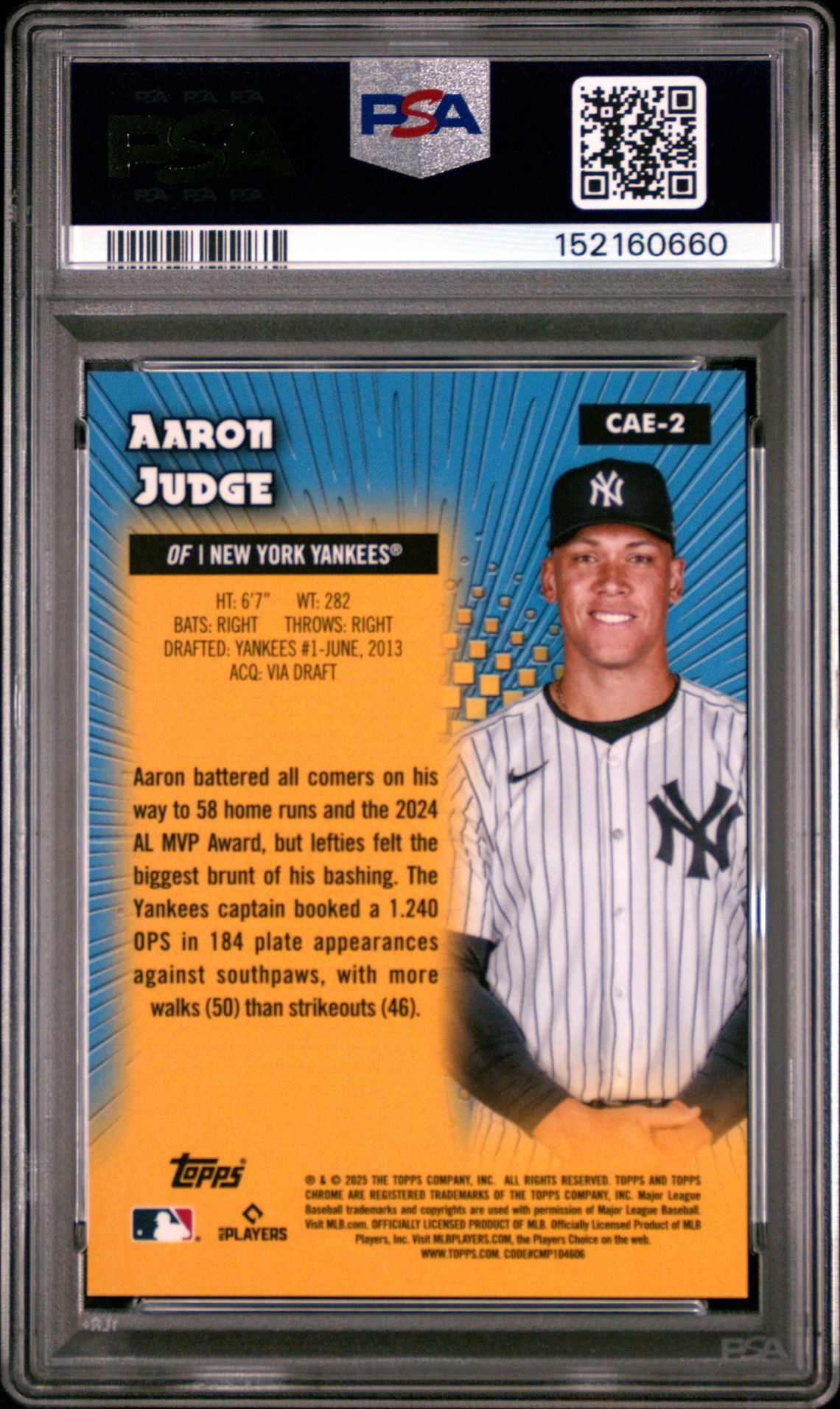 2025 Topps Chrome All Etch Aaron Judge #Cae2 (All Etch-Gold Refractor) Gem Mt 10 back view - PSA certificate #152160660