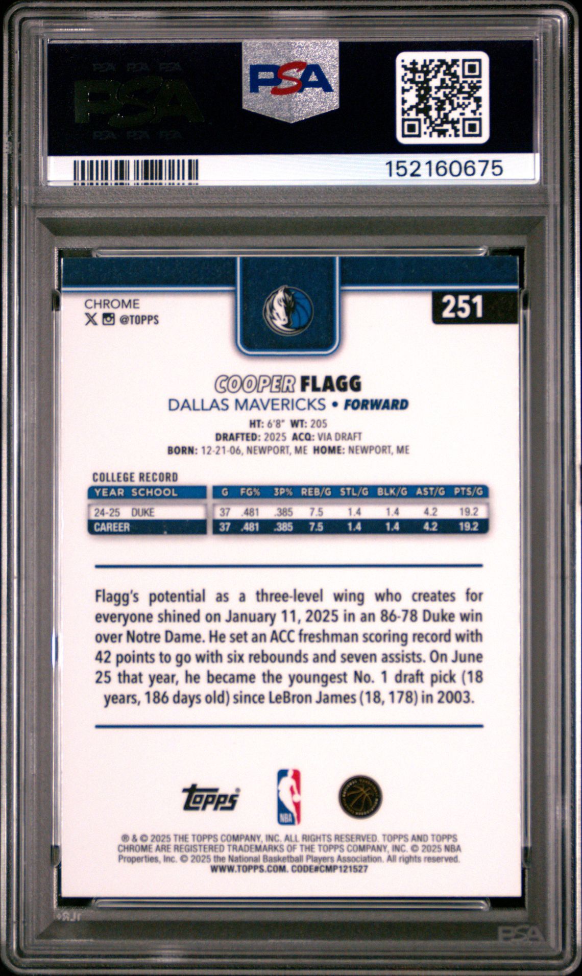 2025 Topps Chrome Cooper Flagg #251 (Prism Refractor) Gem Mt 10 back
