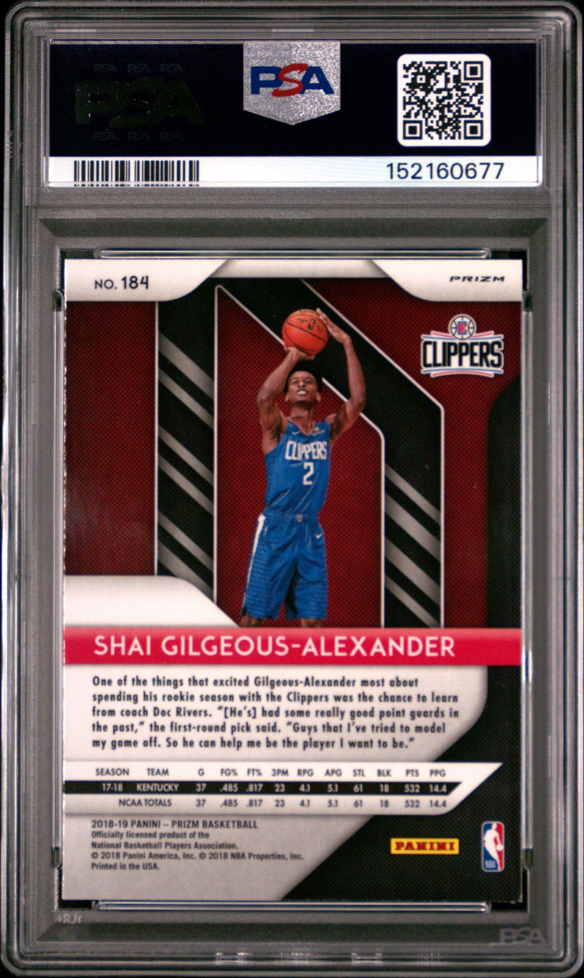 2018 Panini Prizm S.gilgeous-Alexander #184 (Silver Prizm) Mint 9 back