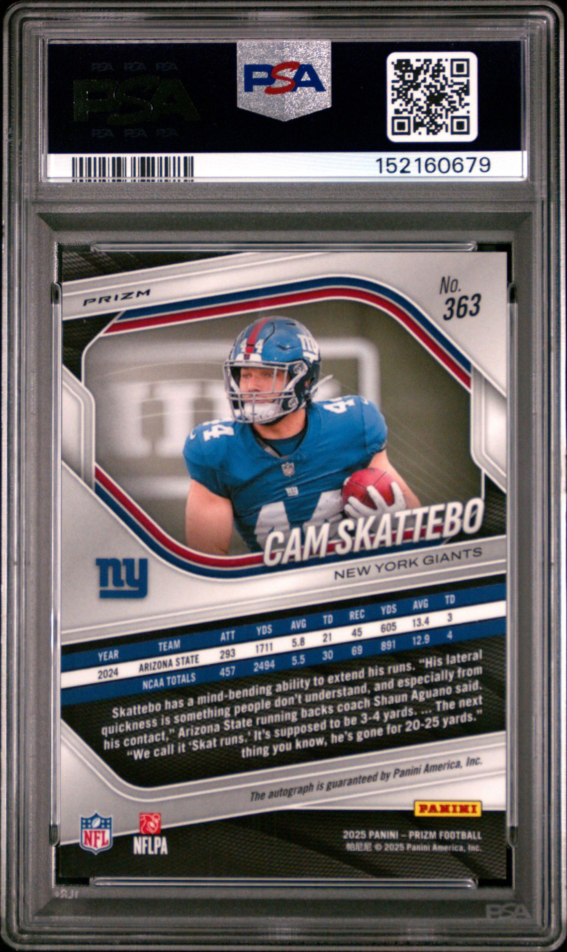2025 Panini Prizm Cam Skattebo #363 (Autograph-Silver Prizm) Gem Mt 10 back