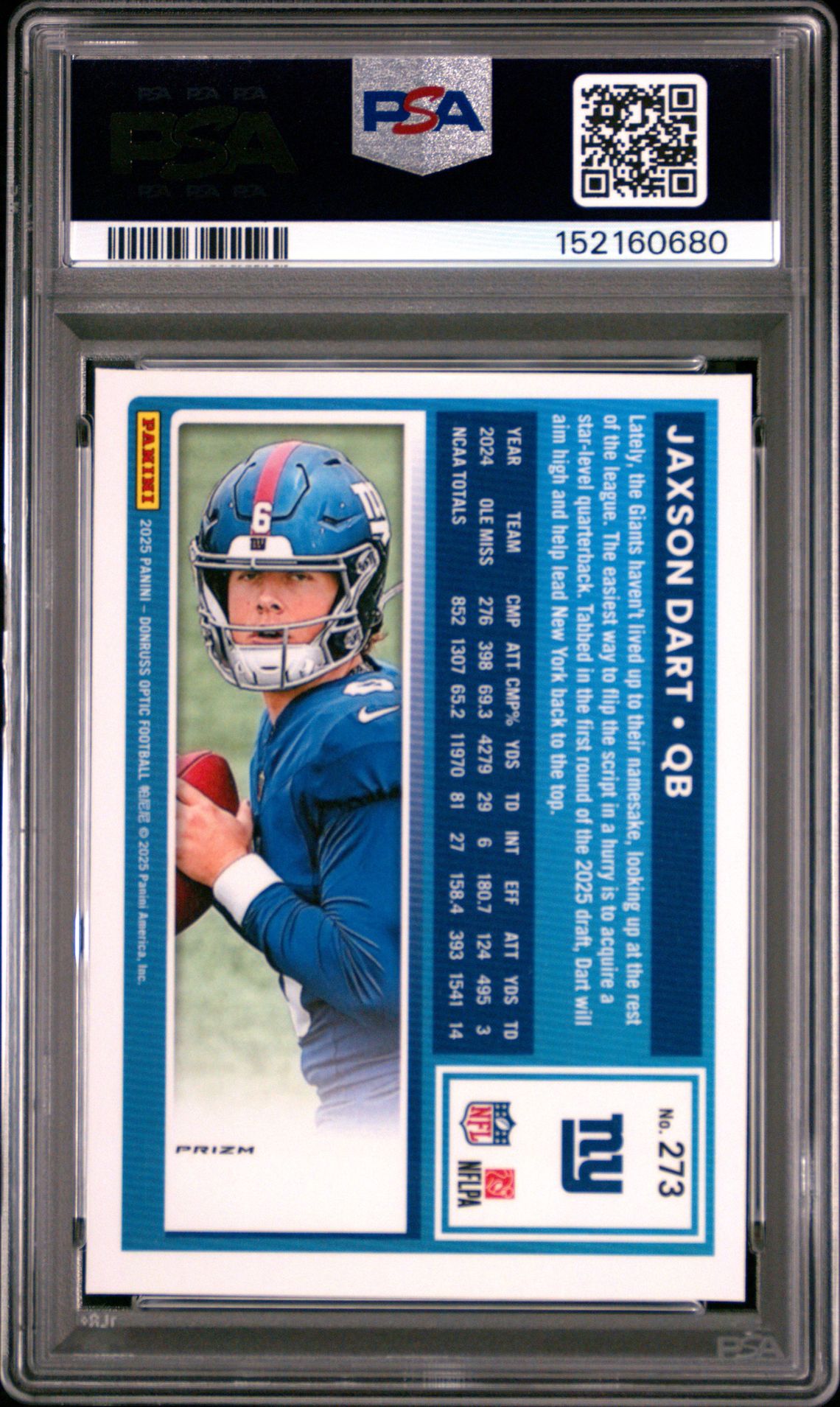 2025 Panini Donruss Optic Jaxson Dart #273 (Purple Shock) Mint 9 back