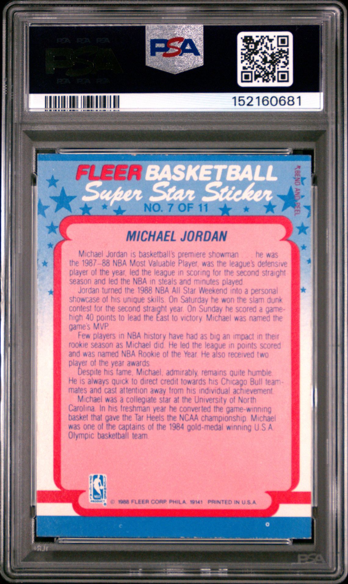1988 Fleer Sticker Michael Jordan #7 Ex-Mt 6 back