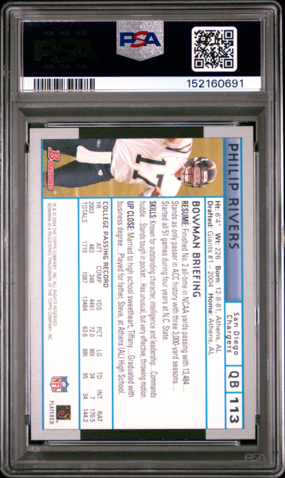 2004 Bowman Philip Rivers #113 Mint 9 back