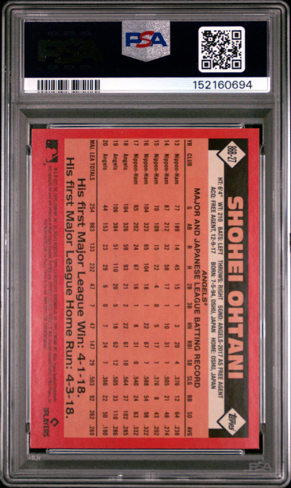 2021 Topps Update 1986 Topps 35Th Anniversary Shohei Ohtani #86B27 (1986 Topps 35Th Anniv.) Mint 9 back