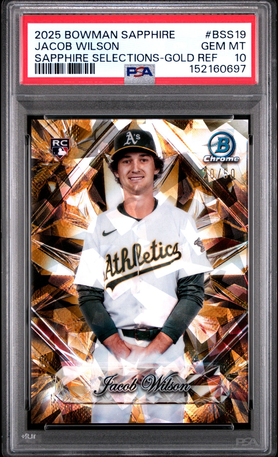 2025 Bowman Sapphire Edition Sapphire Selections Jacob Wilson #Bss19 (Sapphire Selections-Gold Ref) Gem Mt 10 front view - PSA graded GEM MT 10