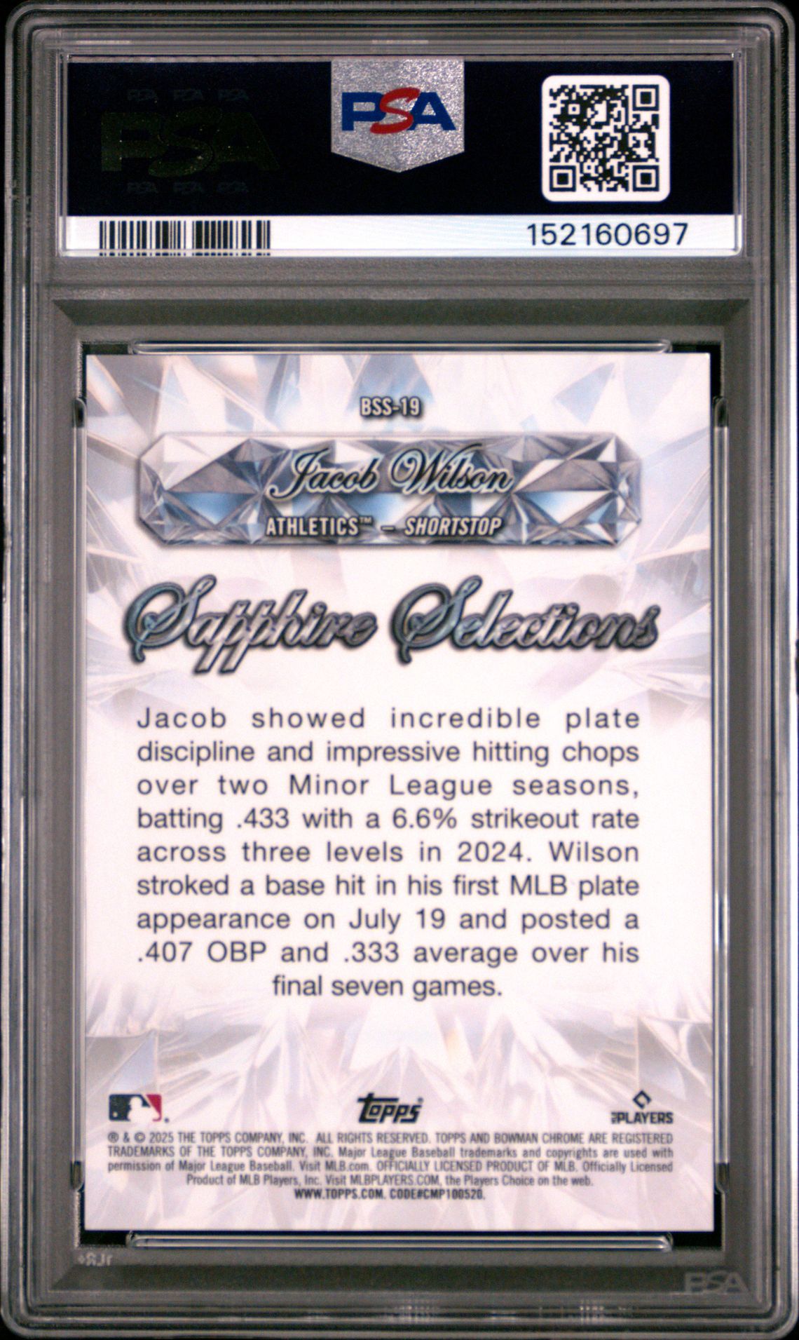 2025 Bowman Sapphire Edition Sapphire Selections Jacob Wilson #Bss19 (Sapphire Selections-Gold Ref) Gem Mt 10 back view - PSA certificate #152160697
