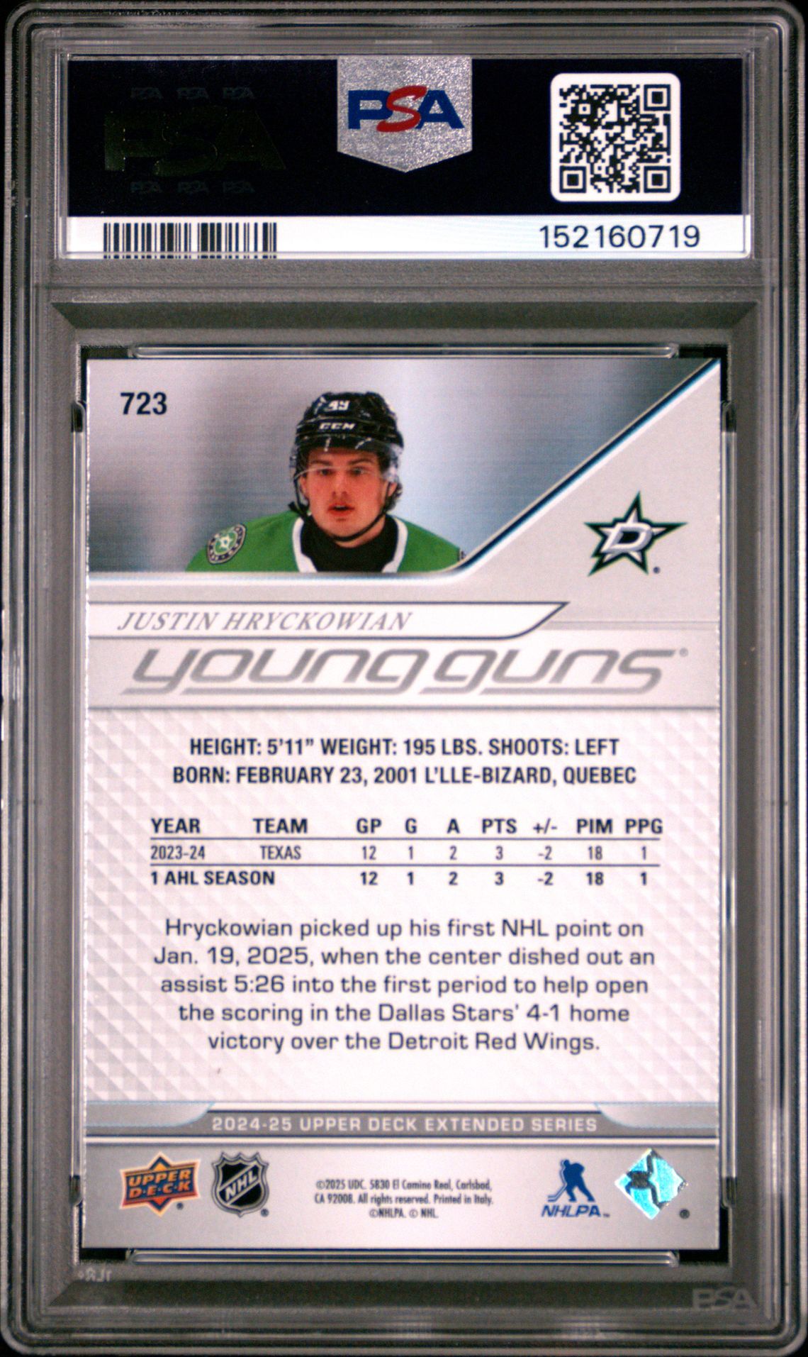 2024 Upper Deck Justin Hryckowian #723 Gem Mt 10 back view - PSA certificate #152160719