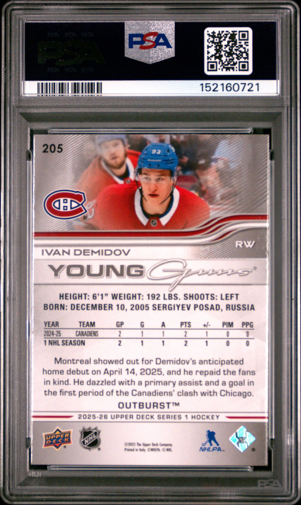 2025 Upper Deck Ivan Demidov #205 (Outburst) Gem Mt 10 back