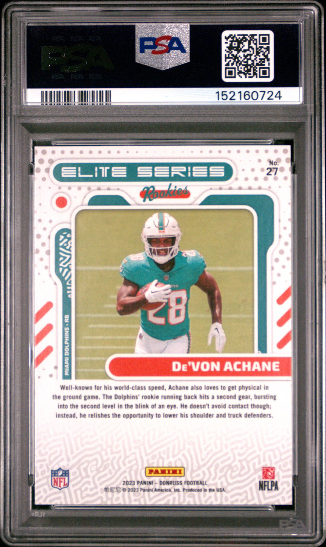 2023 Panini Donruss Elite Series Rookies De'von Achane #27 Gem Mt 10 back