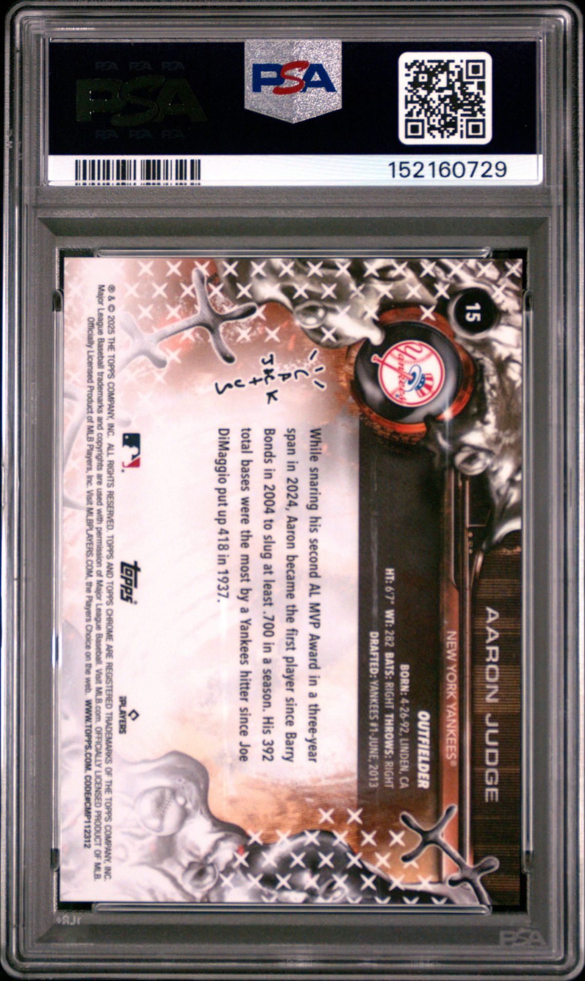 2025 Topps Chrome X Cactus Jack Aaron Judge #15 Gem Mt 10 back