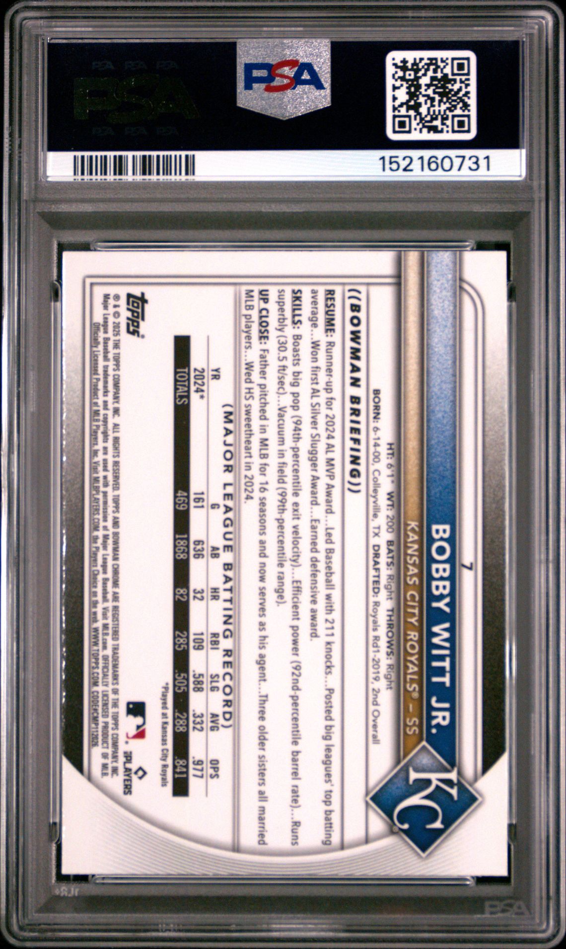 2025 Bowman Chrome Bobby Witt Jr. #7 (Pulsar) Mint 9 back