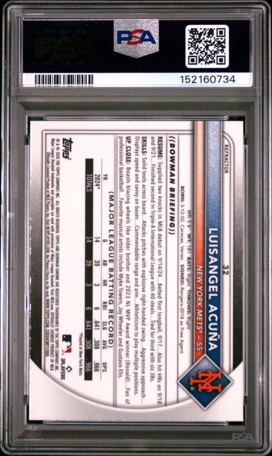 2025 Bowman Chrome Luisangel Acuna #32 (Refractor) Mint 9 back