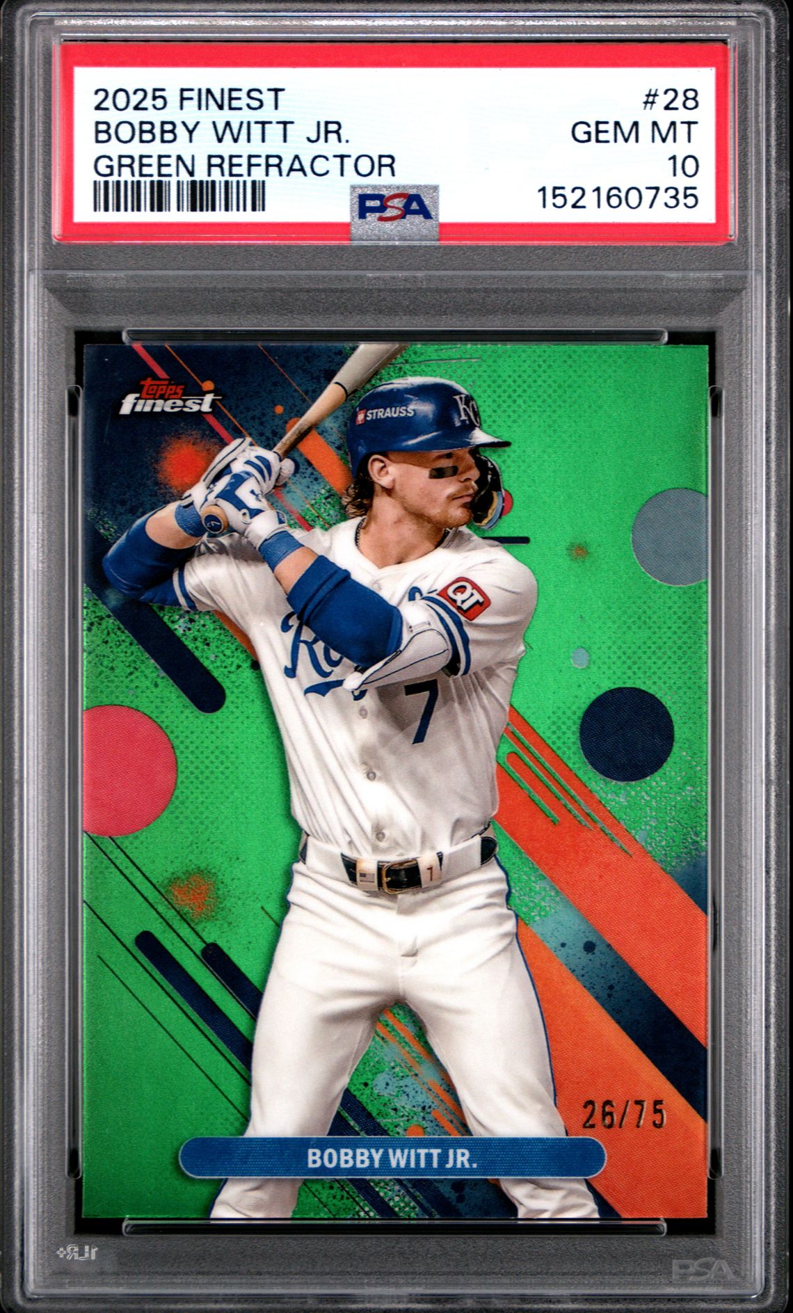 2025 Topps Finest Bobby Witt Jr. #28 (Green Refractor) Gem Mt 10 front