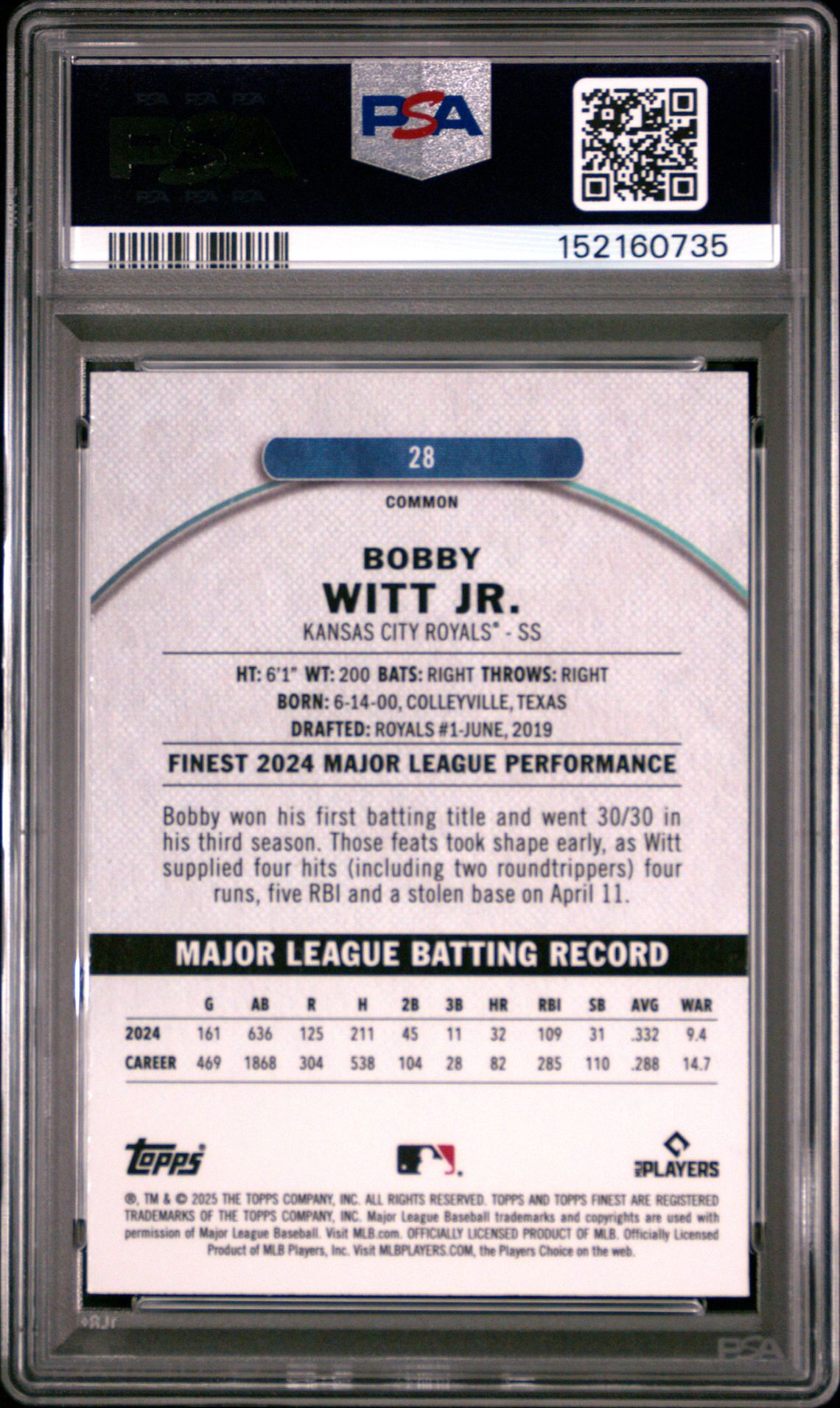 2025 Topps Finest Bobby Witt Jr. #28 (Green Refractor) Gem Mt 10 back