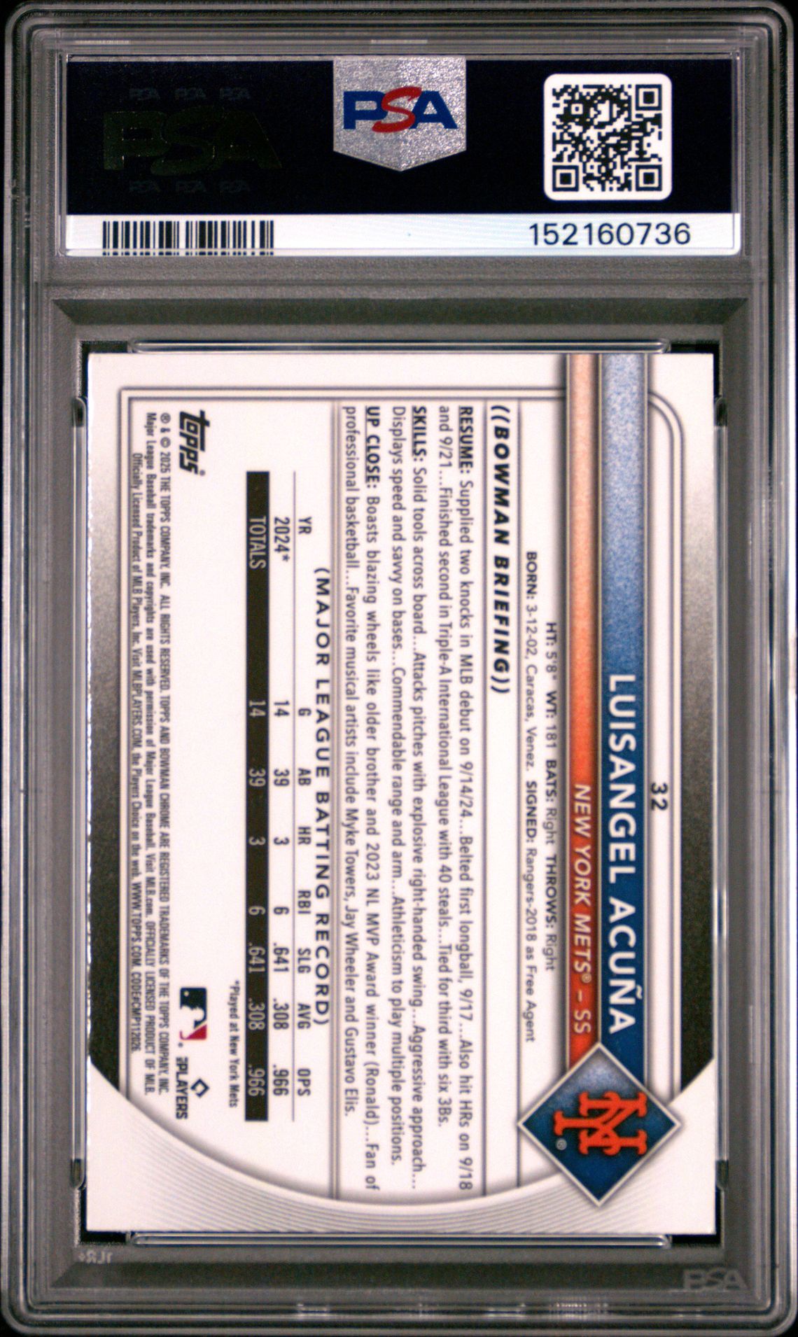 2025 Bowman Chrome Luisangel Acuna #32 (Pulsar) Gem Mt 10 back