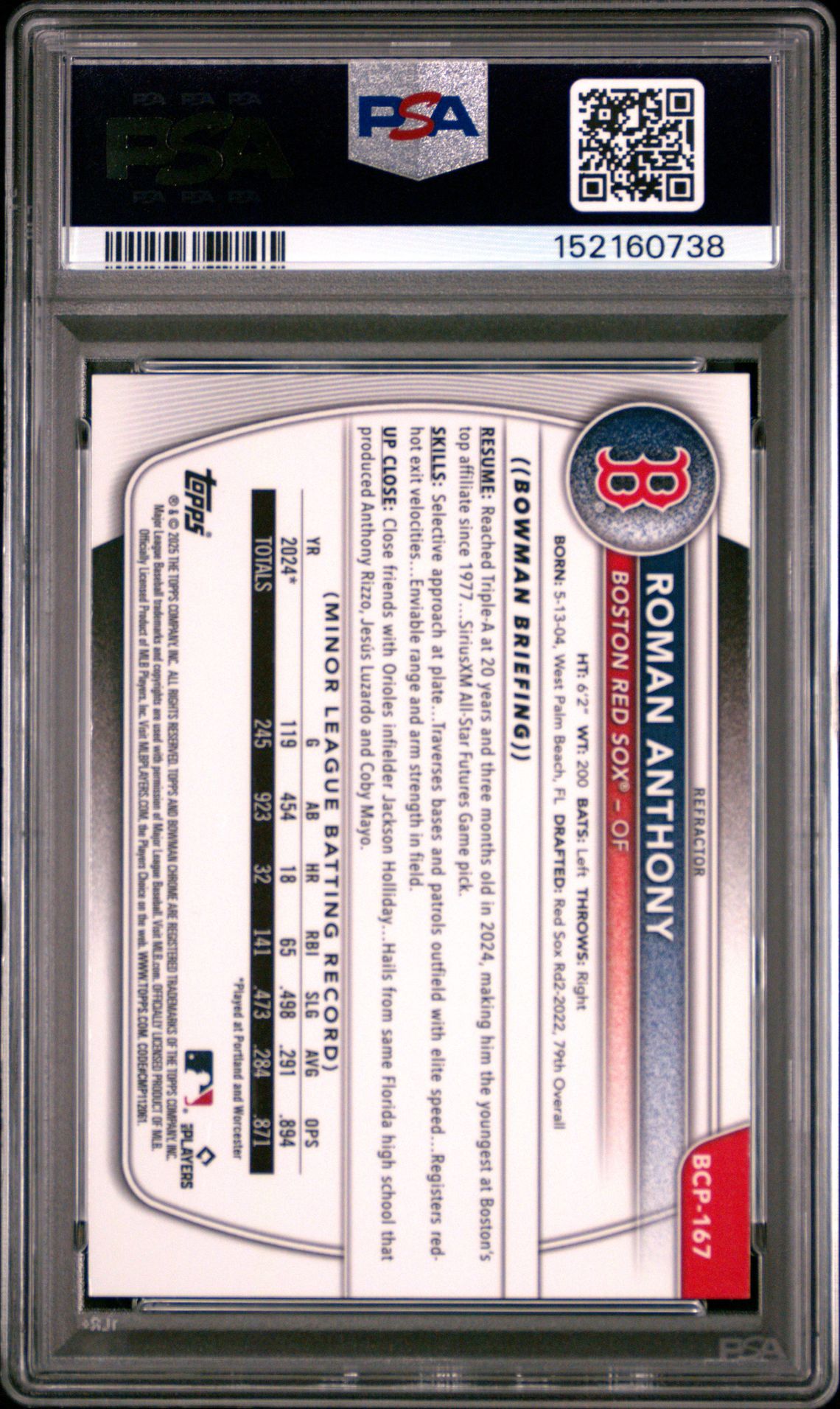 2025 Bowman Chrome Prospects Roman Anthony #Bcp167 (Prospects-Refractor) Mint 9 back