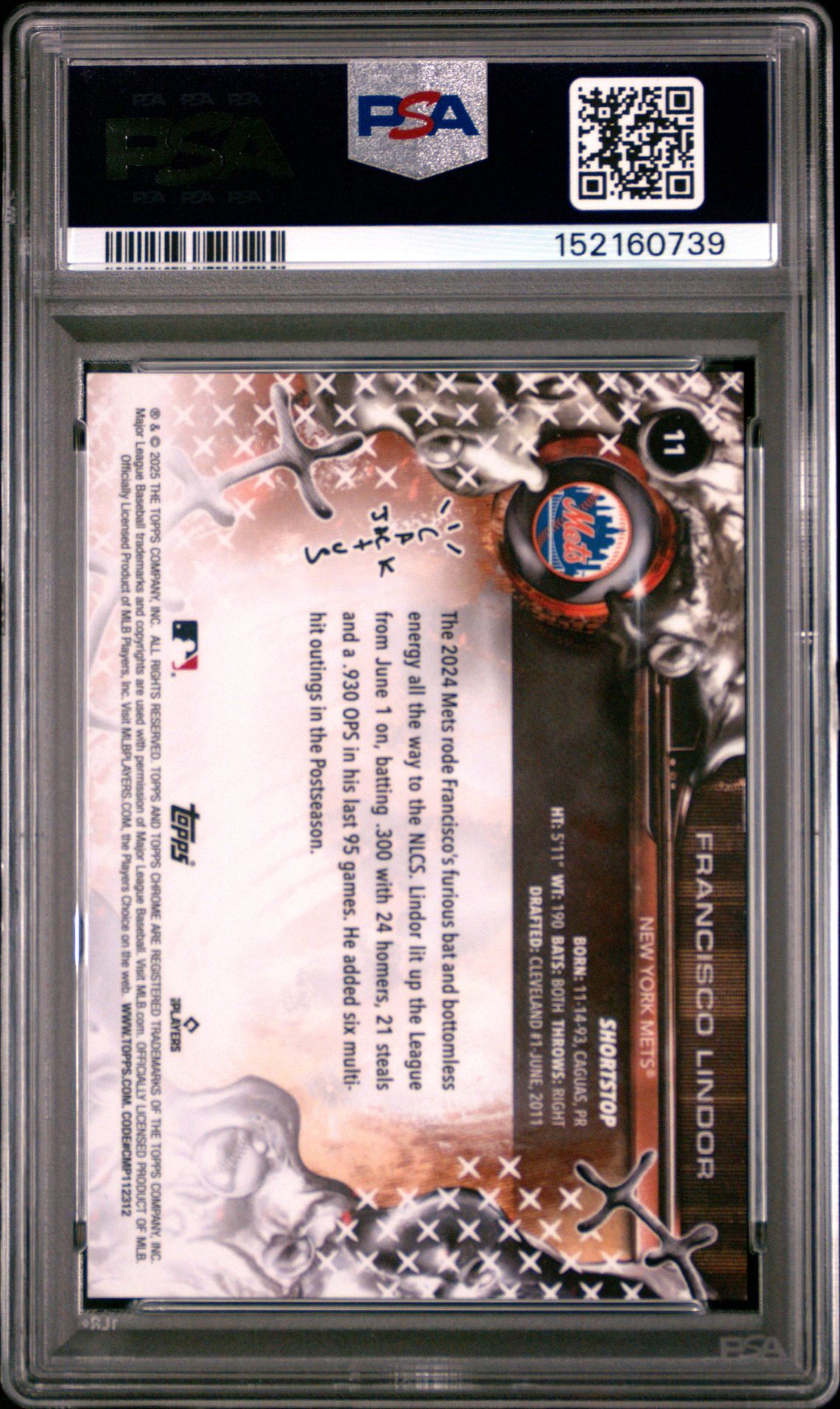 2025 Topps Chrome X Cactus Jack Francisco Lindor #11 (Gold Refractor) Gem Mt 10 back