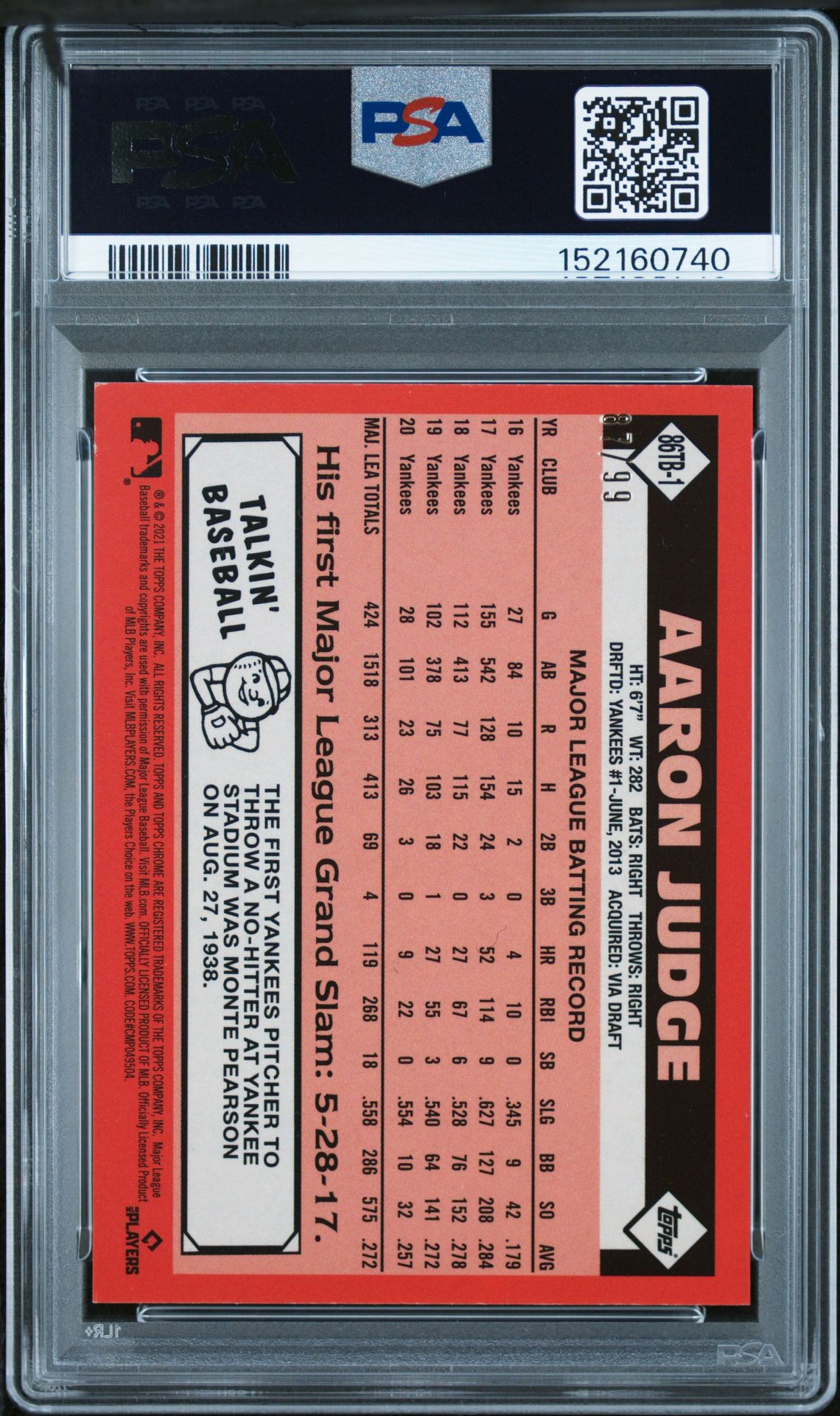 2021 Topps Chrome Ben Baller 1986 Topps Aaron Judge #1 (1986 Topps-Green Ref.) Gem Mt 10 back