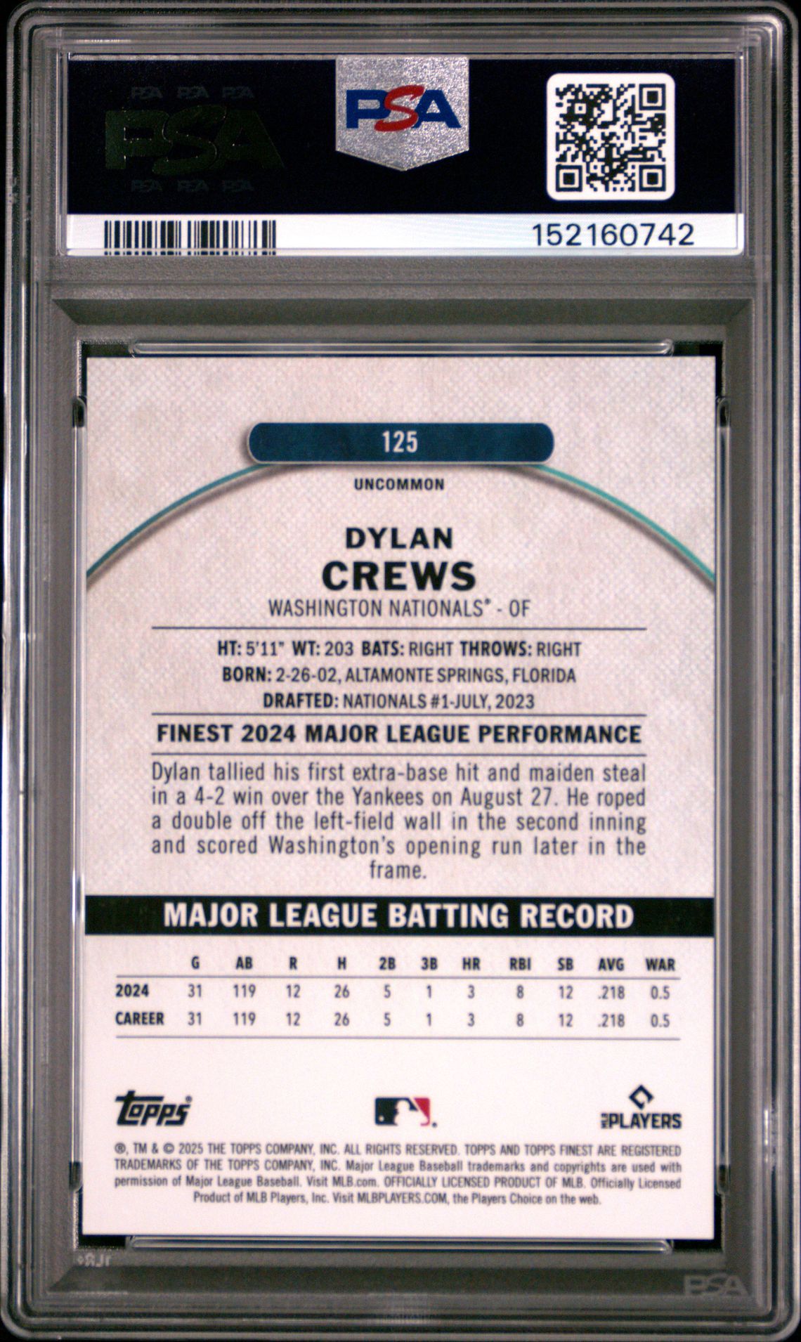 2025 Topps Finest Dylan Crews #125 (Pearl Checkerboard) Mint 9 back