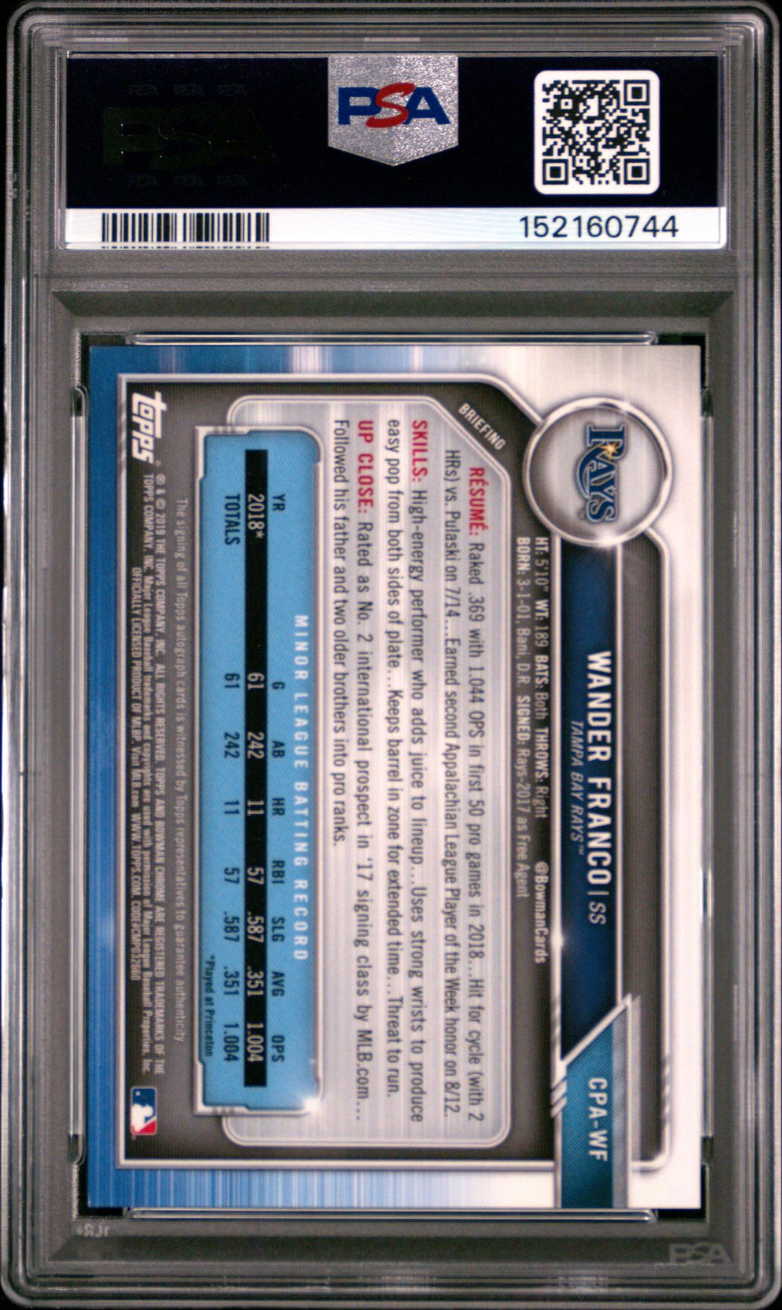 2019 Bowman Prospect Autographs Chrome Wander Franco #Wf (Pros.auto.chr-Grn.shmr.) Gem Mt 10 back