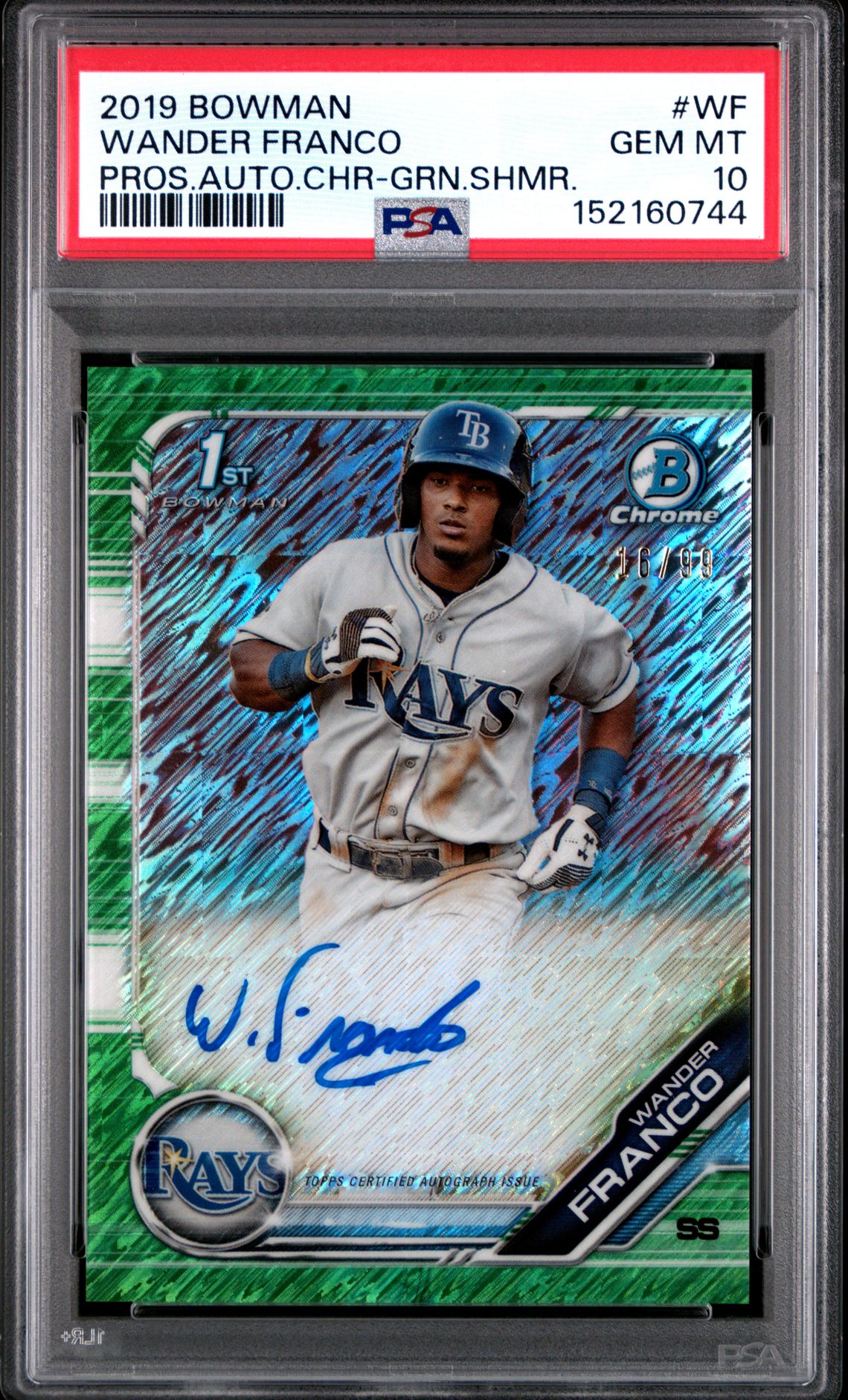 2019 Bowman Prospect Autographs Chrome Wander Franco #Wf (Pros.auto.chr-Grn.shmr.) Gem Mt 10 front