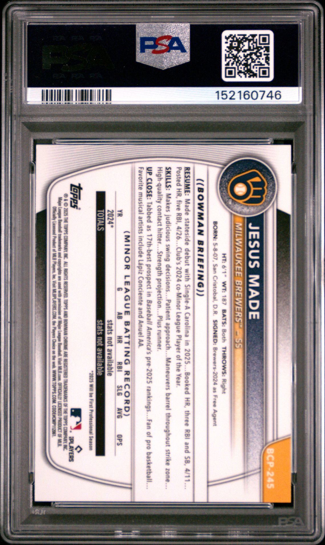 2025 Bowman Chrome Prospects Jesus Made #Bcp245 (Prospects-Fuchsia Shimmer) Mint 9 back