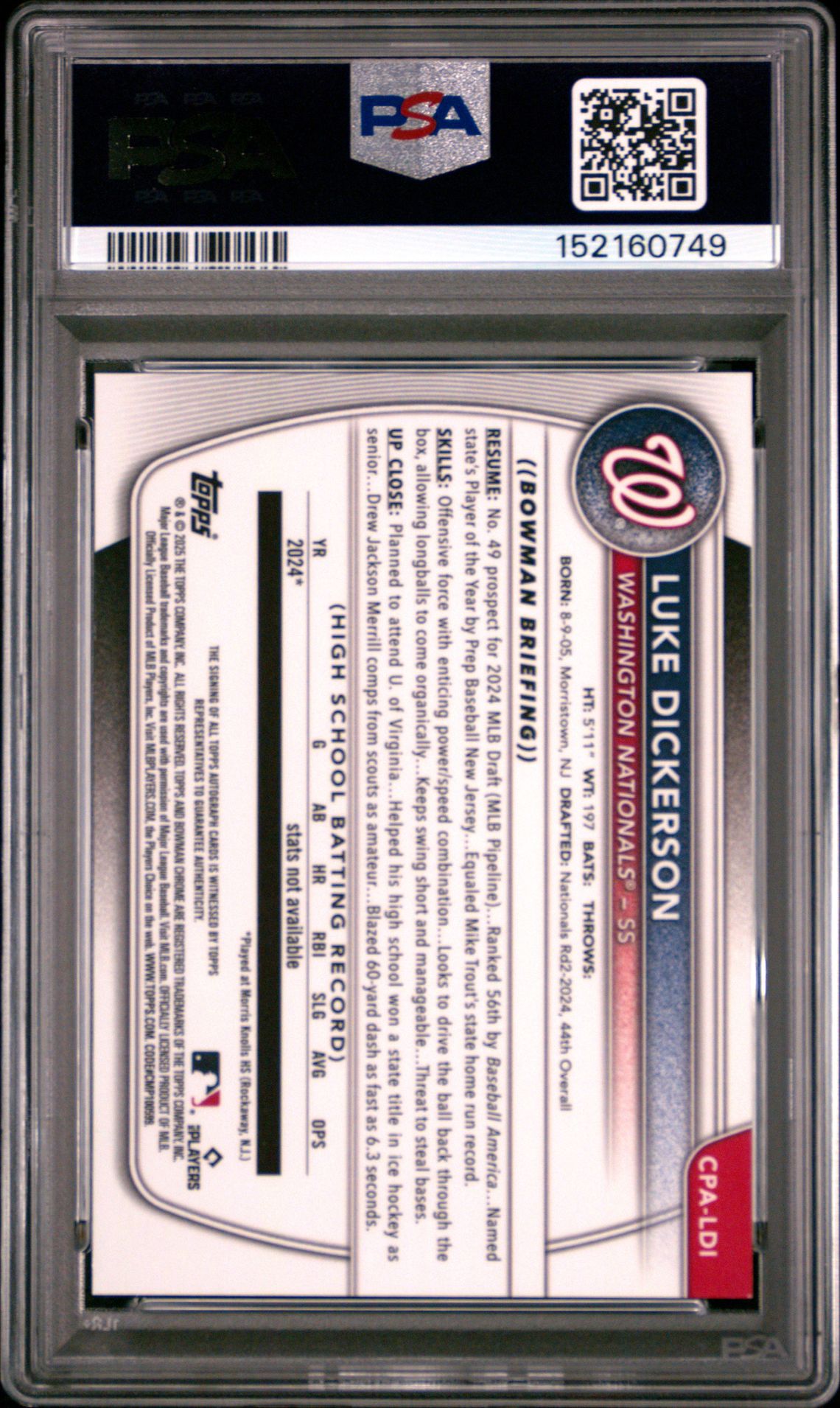 2025 Bowman Chrome Prospect Autographs Luke Dickerson #Cpaldi (Chr Pros Auto-Mini Diamond) Mint 9 back