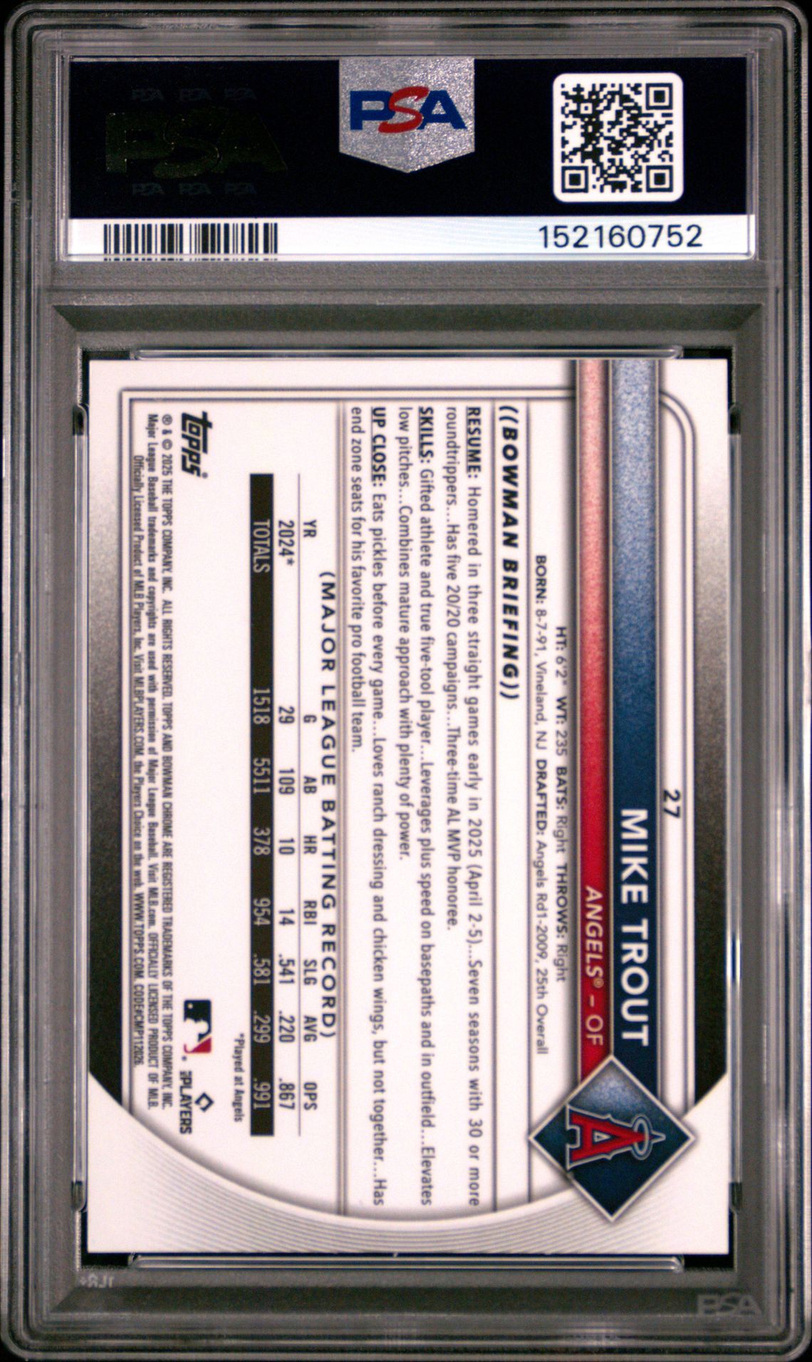 2025 Bowman Chrome Mike Trout #27 (Yellow Refractor) Mint 9 back