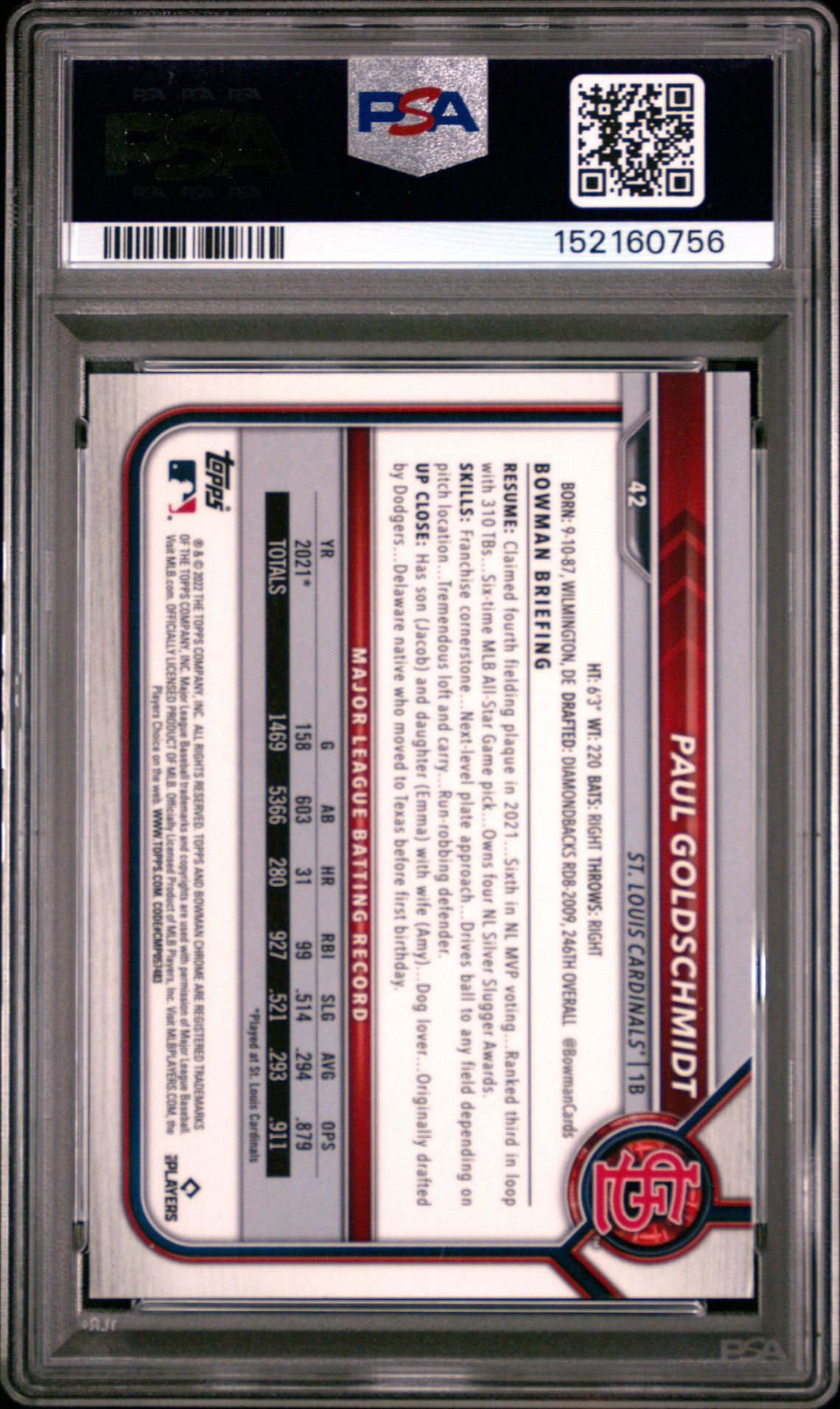 2022 Bowman Chrome Sapphire Edition Paul Goldschmidt #42 (Aqua) Mint 9 back