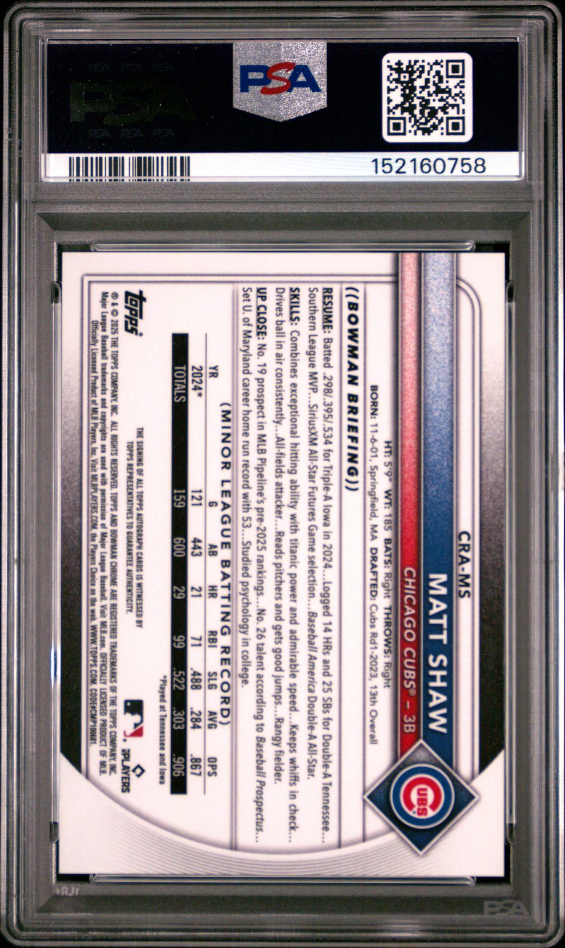 2025 Bowman Chrome Chrome Rookie Autographs Matt Shaw #Cra-Ms (Chrome Rookie Auto-Gold Ref) Gem Mt 10 back