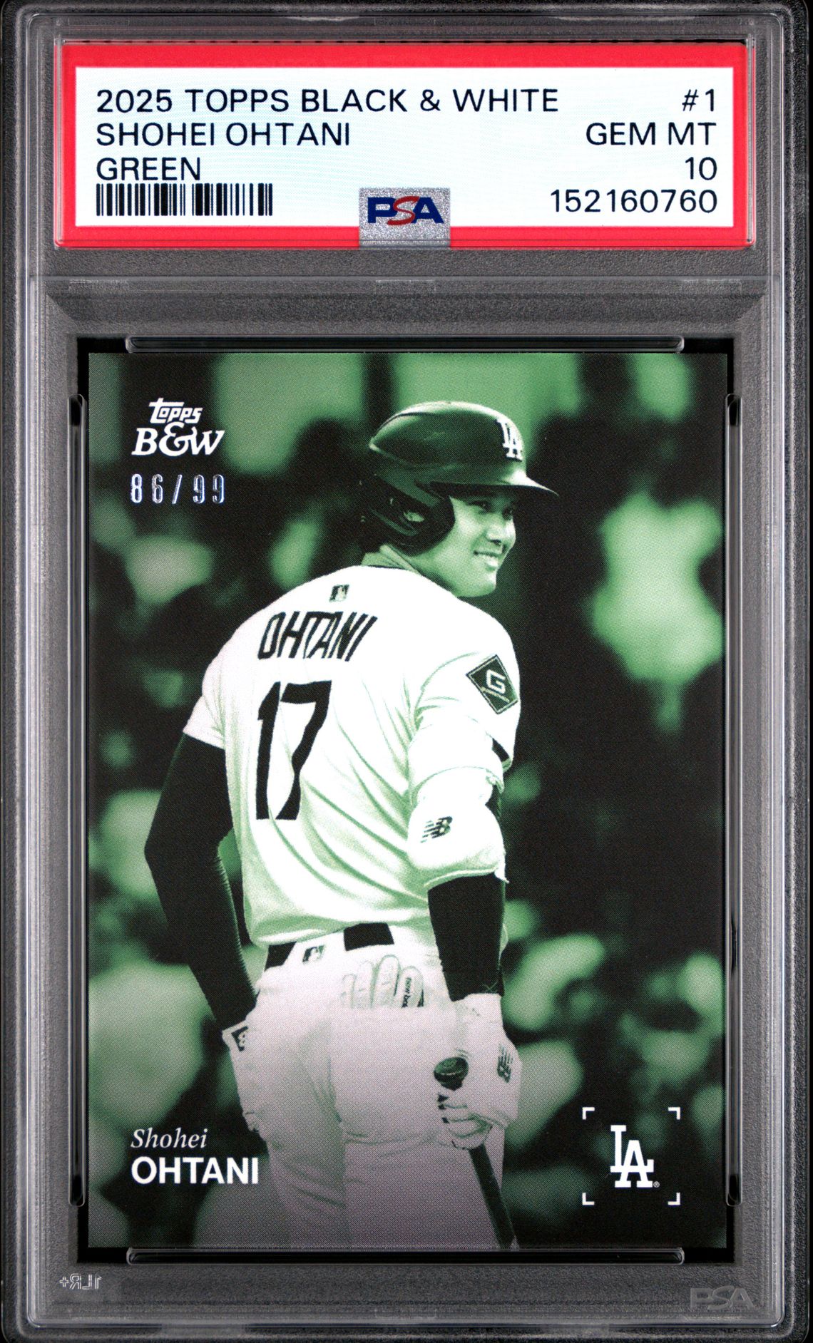 2025 Topps Black And White Shohei Ohtani #1 (Green) Gem Mt 10 front view - PSA graded GEM MT 10
