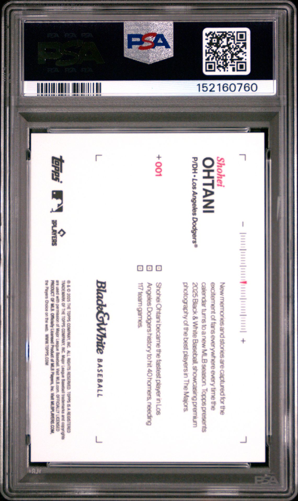 2025 Topps Black And White Shohei Ohtani #1 (Green) Gem Mt 10 back view - PSA certificate #152160760