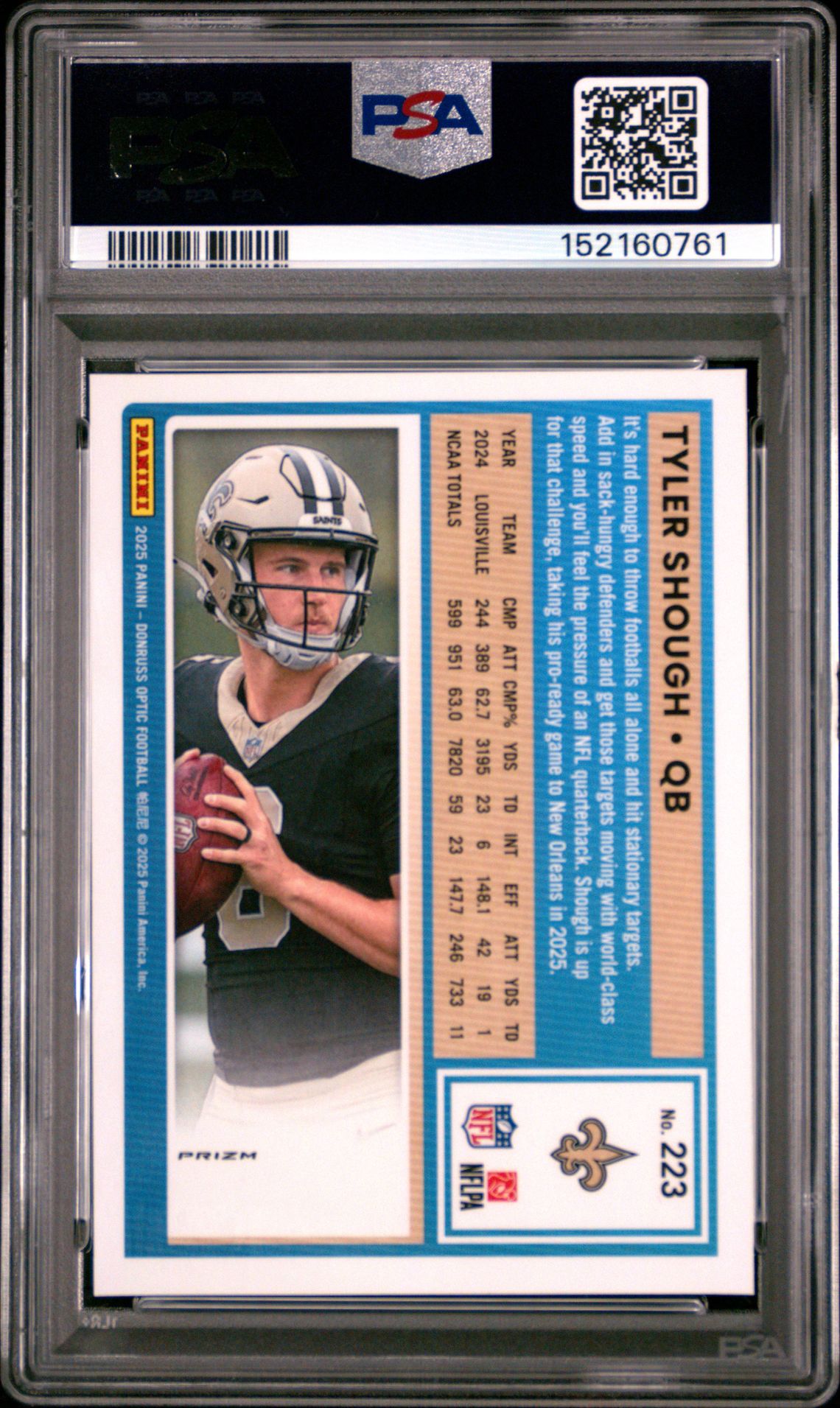 2025 Panini Donruss Optic Tyler Shough #223 (Blue Hyper) Mint 9 back