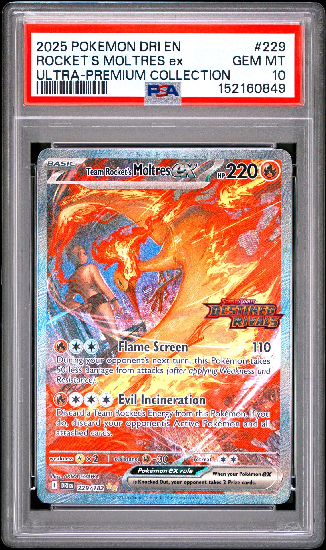 2025 Pokemon Dri En-Destined Rivals Rocket's Moltres Ex #229 (Ultra-Premium Collection) Gem Mt 10 front