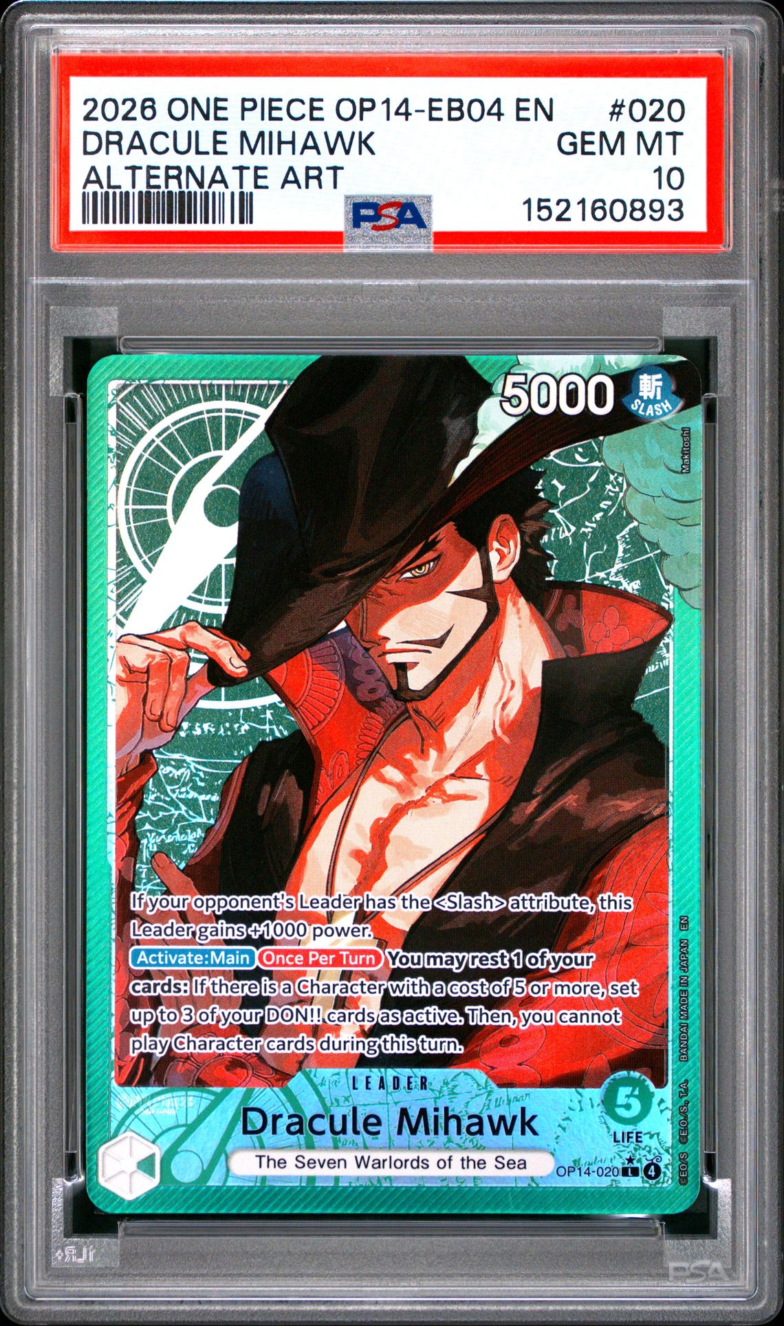 2026 One Piece Op14-Eb04-The Azure Sea's Seven Dracule Mihawk #020 (Alternate Art) Gem Mt 10 front