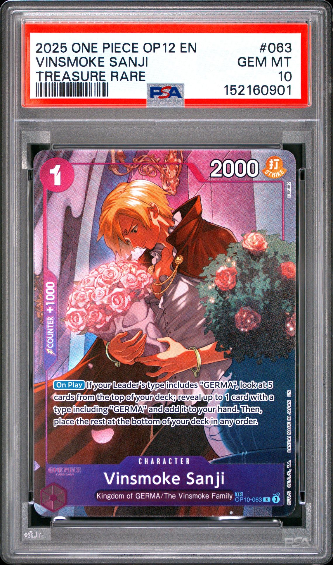 2025 One Piece Op12-Legacy Of The Master Vinsmoke Sanji #063 (Treasure Rare) Gem Mt 10 front view - PSA graded GEM MT 10