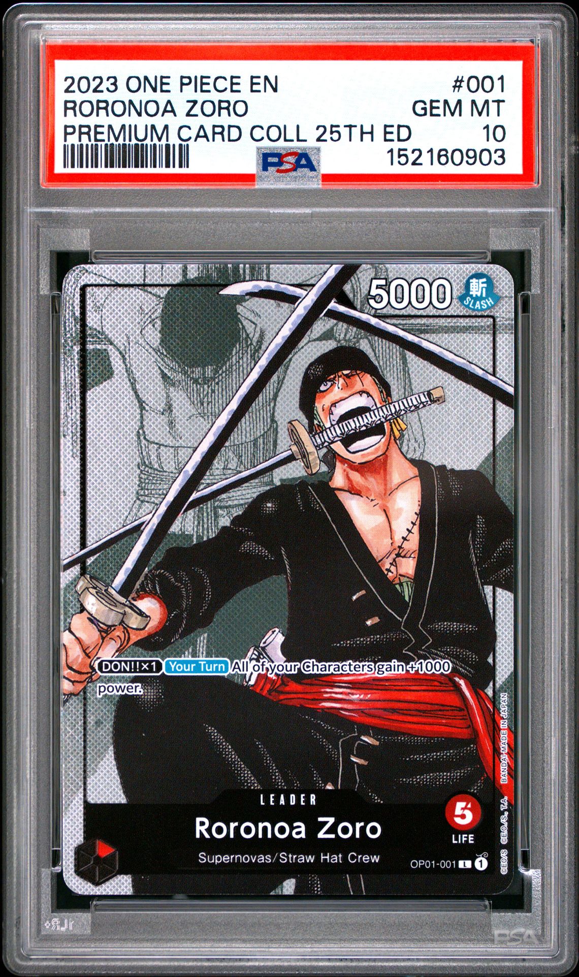 2023 One Piece Premium Card Collection 25Th Edition Roronoa Zoro #001 Gem Mt 10 front view - PSA graded GEM MT 10