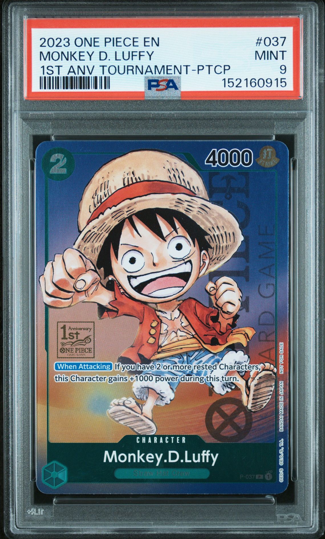 2023 One Piece Promos Monkey D. Luffy #037 (1St Anv Tournament-Ptcp) Mint 9 front