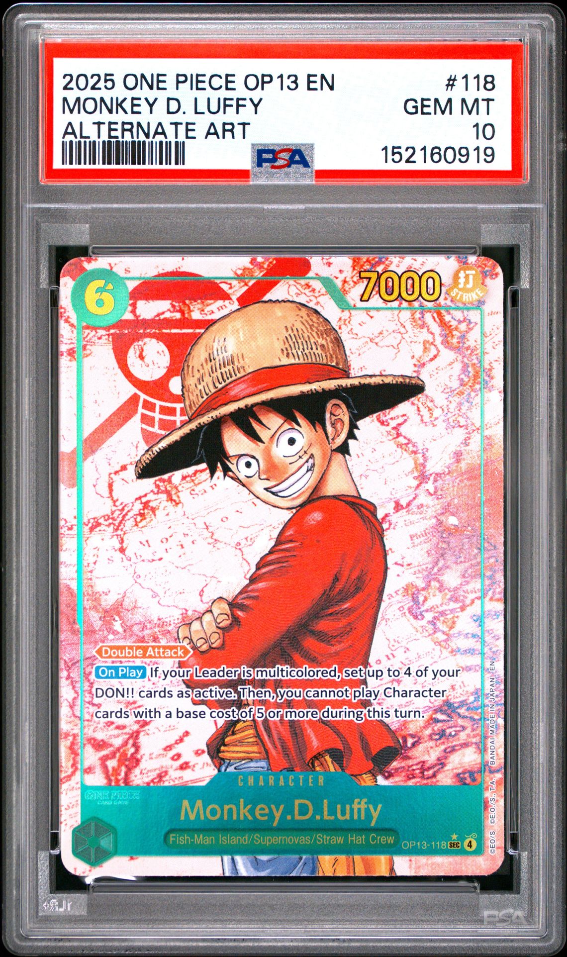 2025 One Piece Op13-Carrying On His Will Monkey D. Luffy #118 (Alternate Art) Gem Mt 10 front