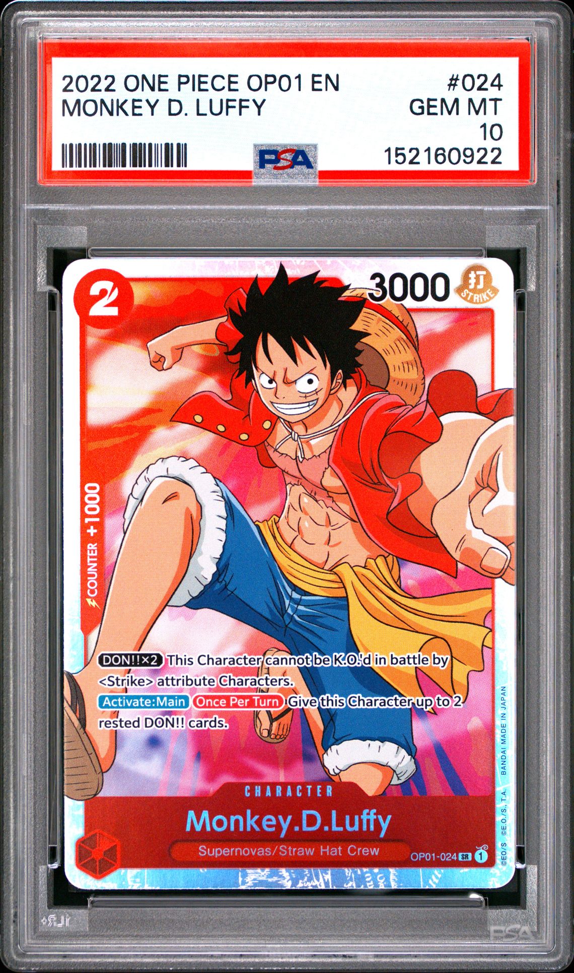2022 One Piece Op01-Romance Dawn Monkey D. Luffy #024 Gem Mt 10 front