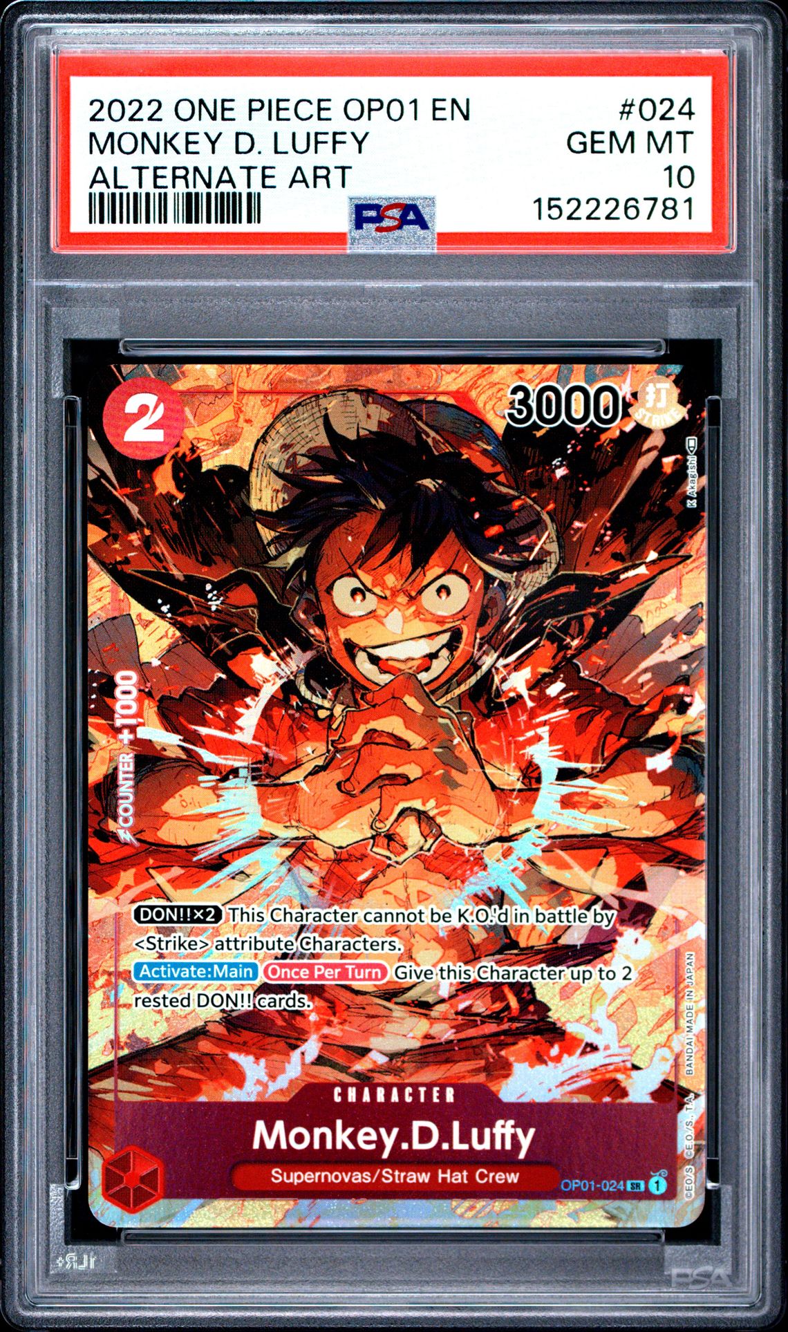 2022 One Piece Op01-Romance Dawn Monkey D. Luffy #024 (Alternate Art) Gem Mt 10 front