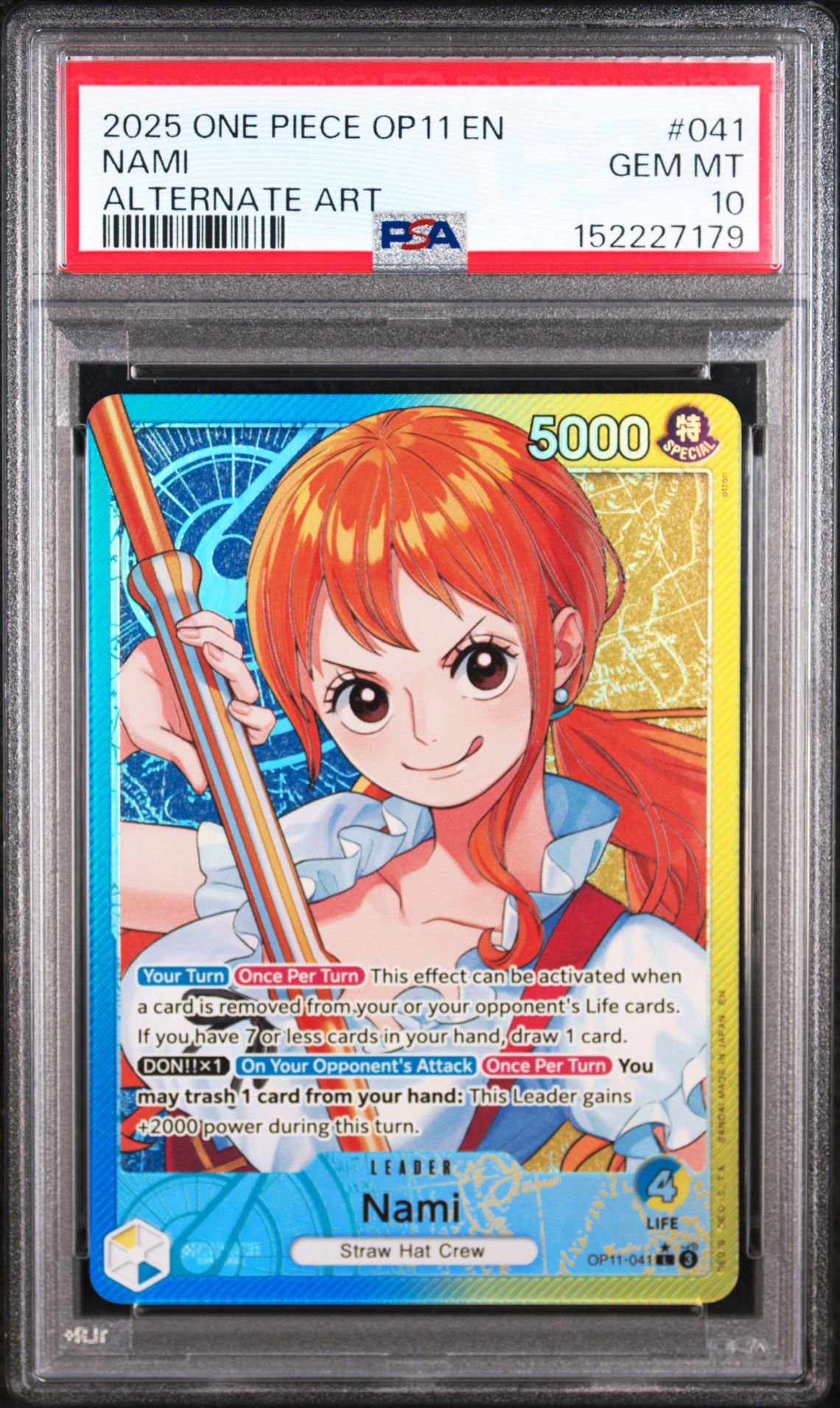 2025 ONE PIECE OP11-A FIST OF DIVINE SPEED NAMI ALTERNATE ART 041 GEM MT 10 front