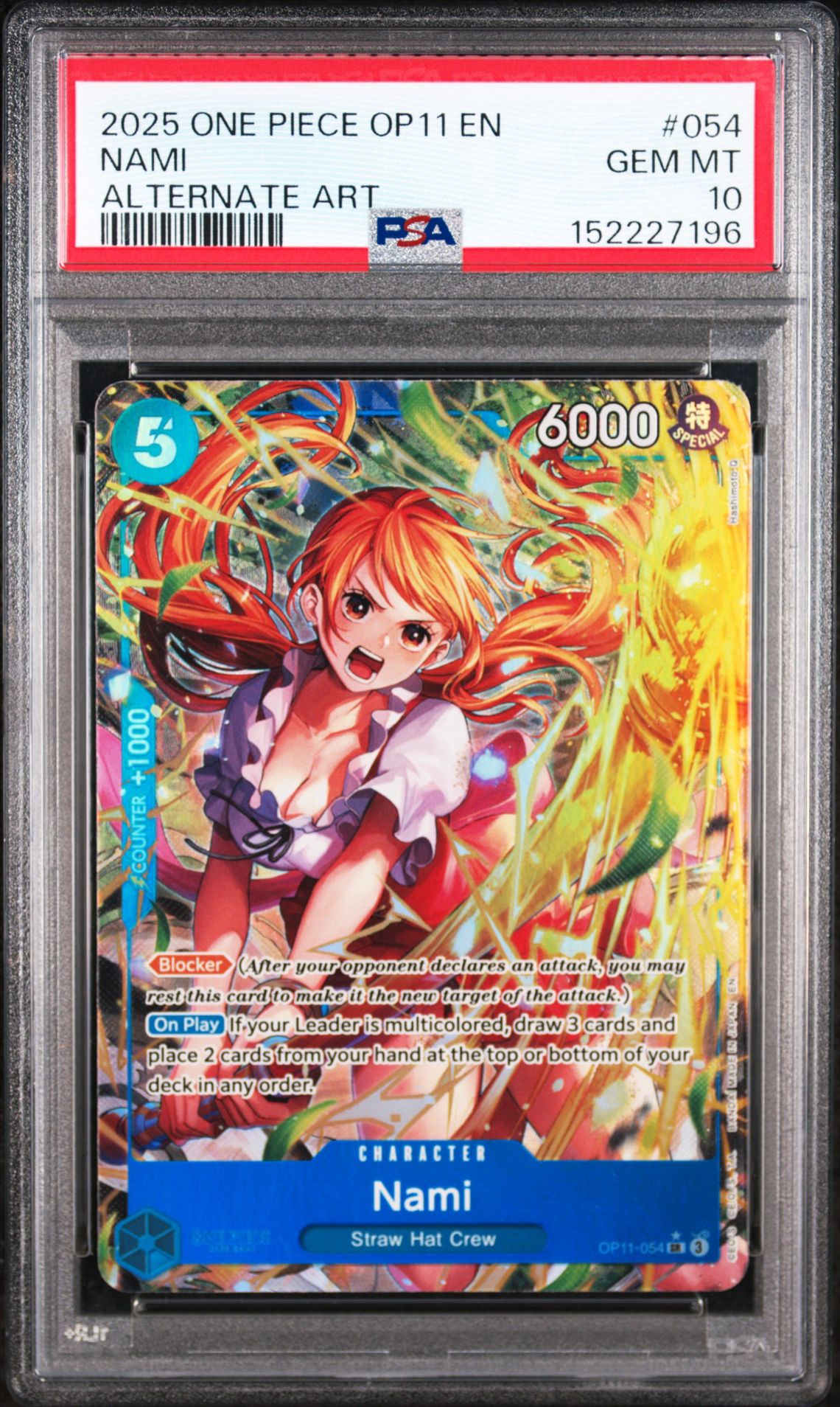 2025 One Piece Op11-A Fist Of Divine Speed Nami #054 (Alternate Art) Gem Mt 10 front view - PSA graded GEM MT 10